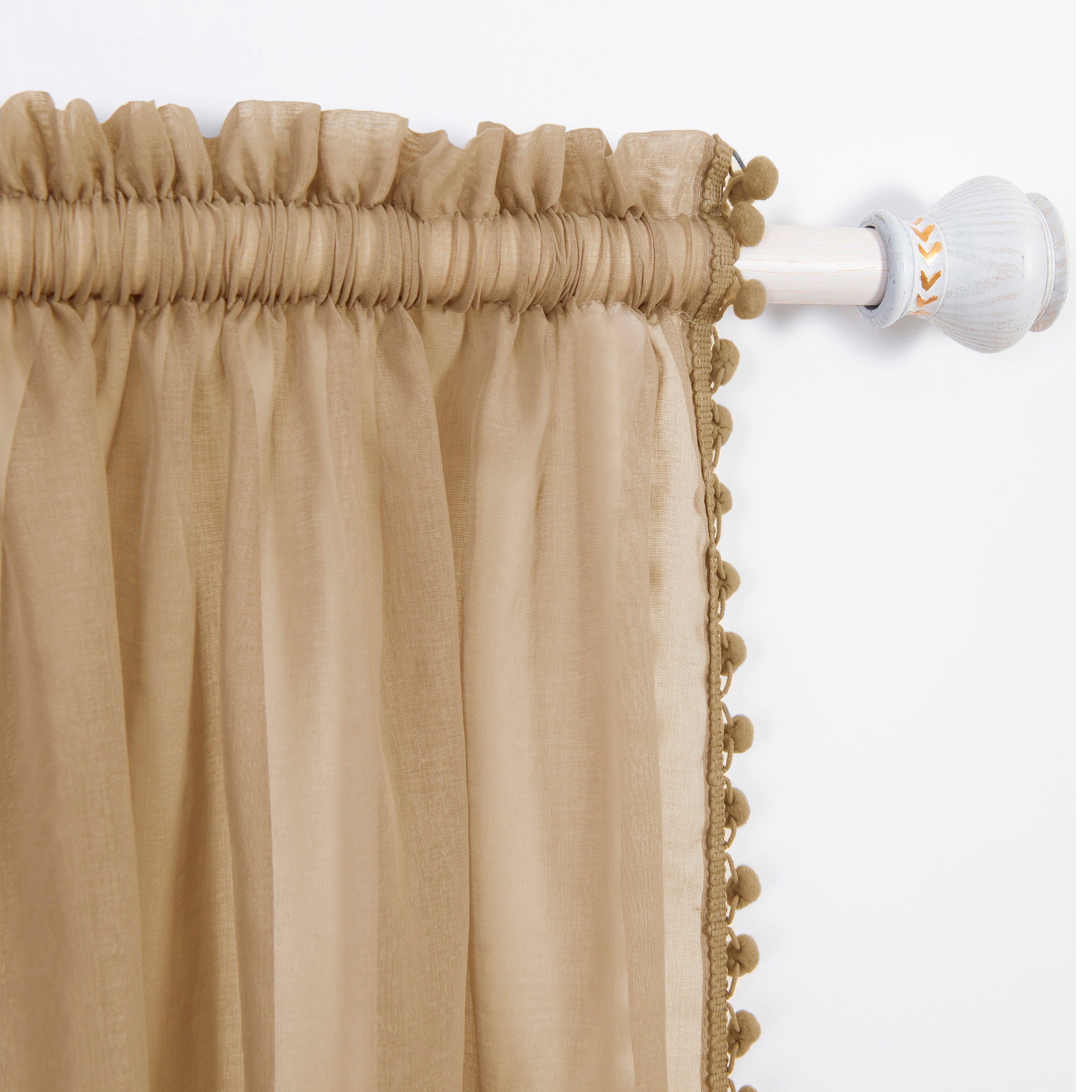 Everlaneas Set of 2 Pom Pom Tasseled Sheer Curtain - Rod Pocket
