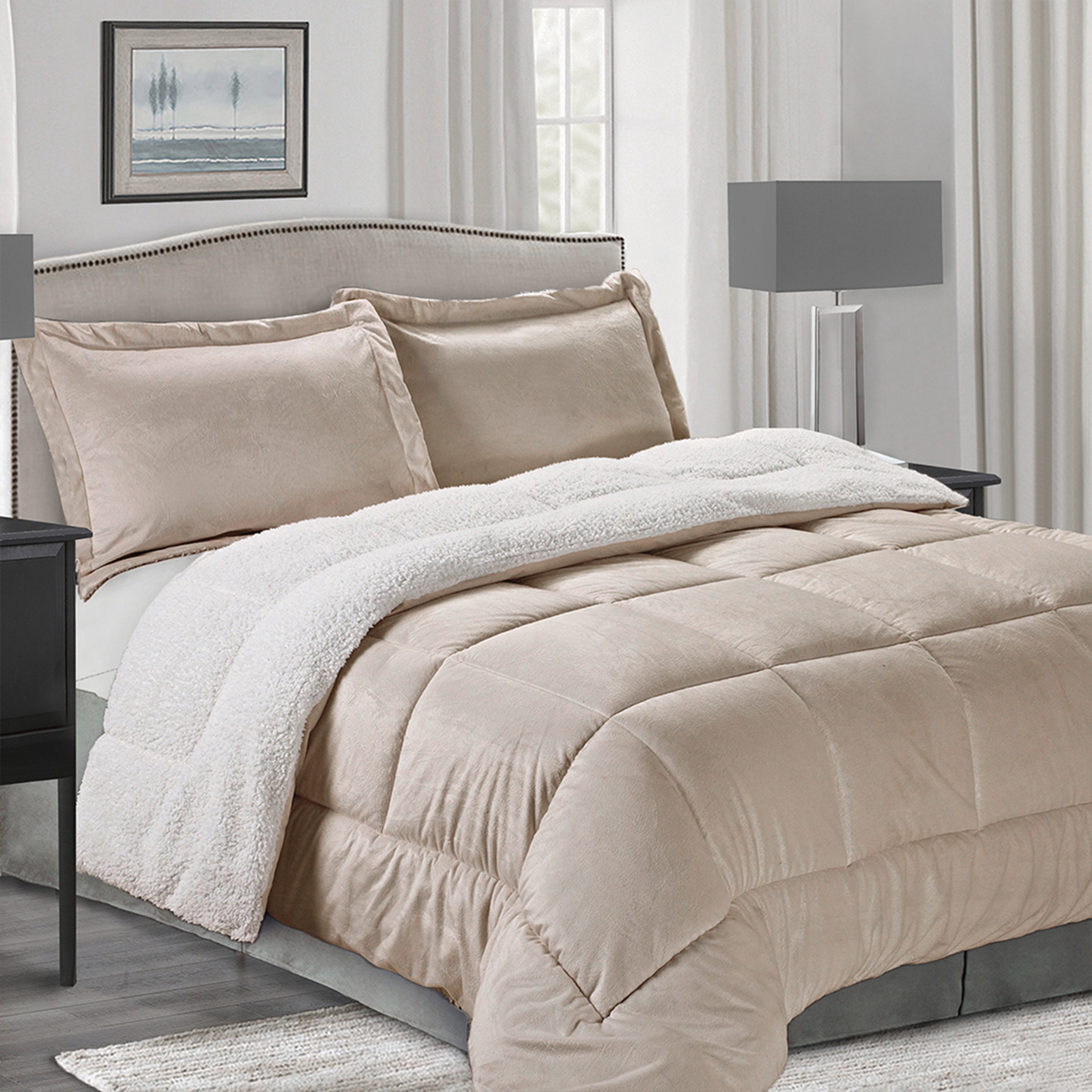 Everlaneas 3-Piece Micro-Suede Reversible Sherpa - Solid Color Design Comforter Set