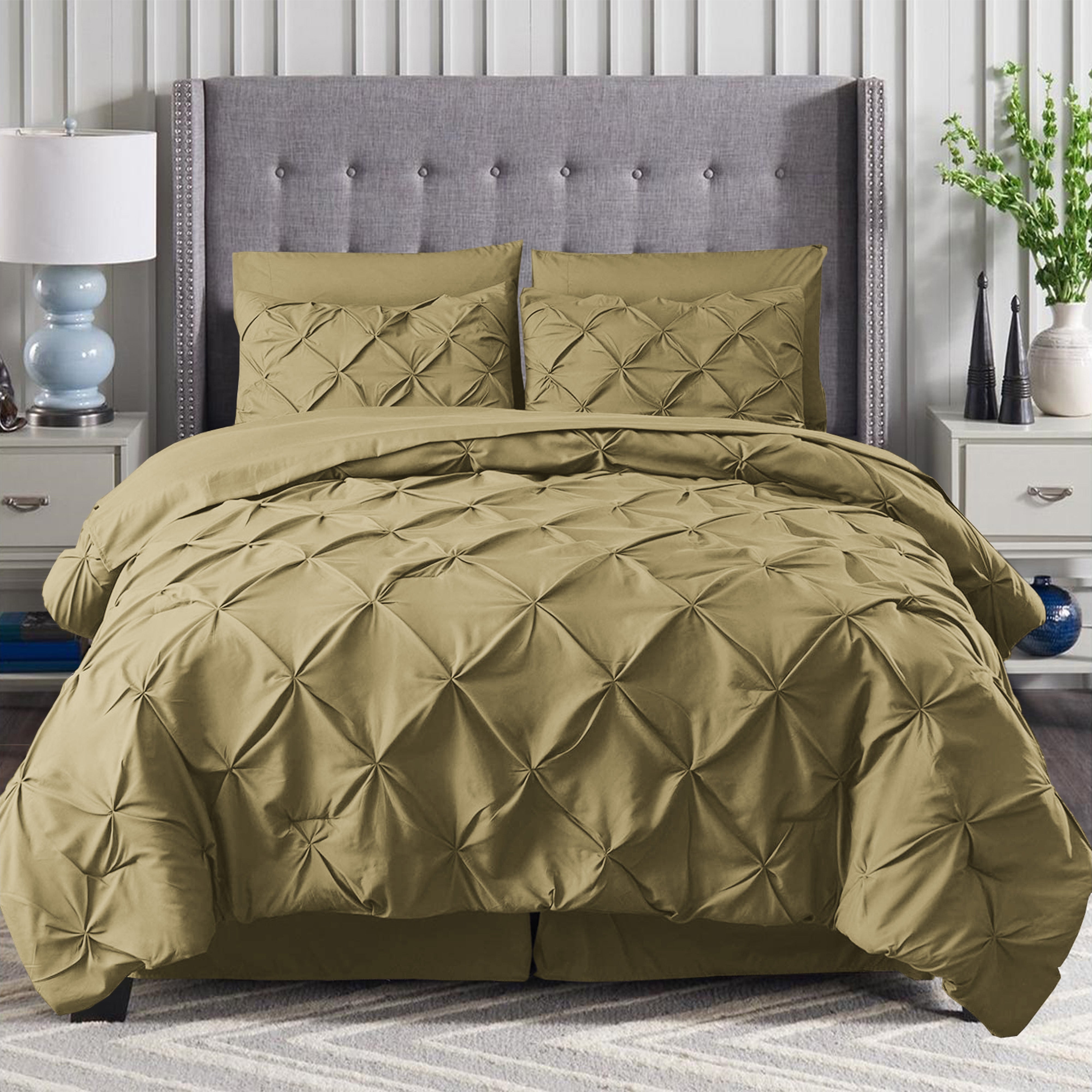 Everlaneas 8-Piece Pintuck Pinch Pleated Comforter Set - Includes 4-Piece Sheet Set with Double Sided Storage Pockets