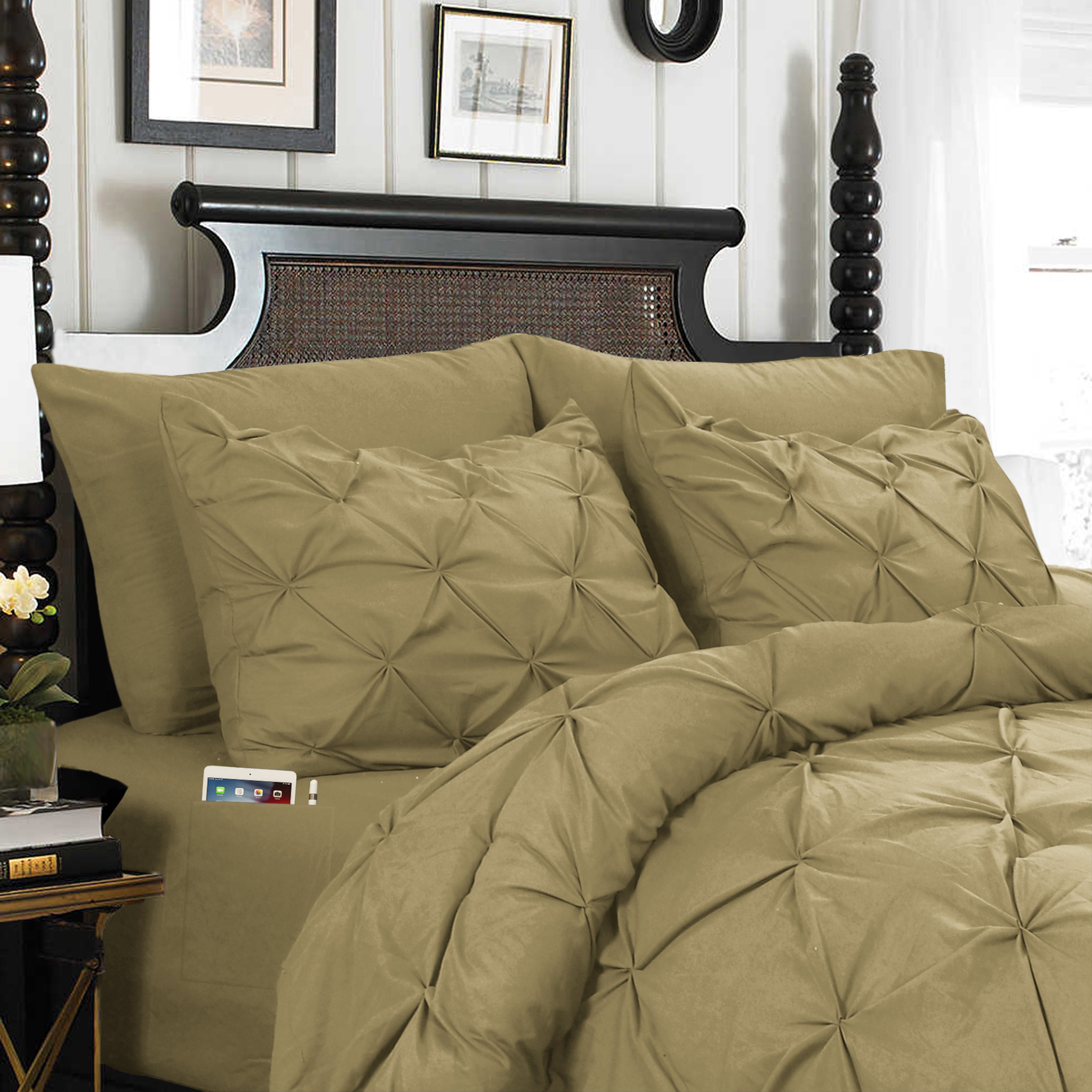 Everlaneas 8-Piece Pintuck Pinch Pleated Comforter Set - Includes 4-Piece Sheet Set with Double Sided Storage Pockets