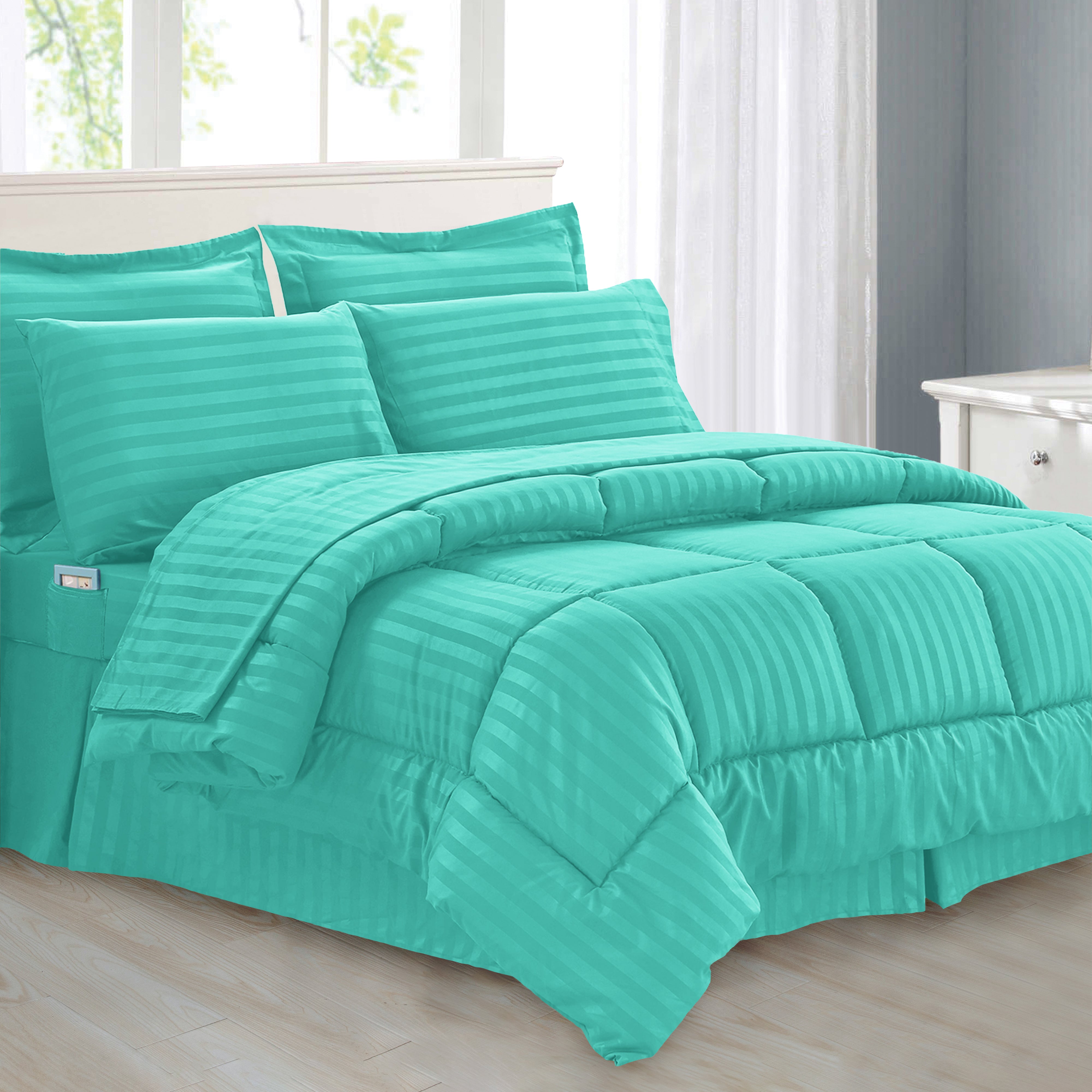 Everlaneas 8-Piece Dobby Stripe Comforter Set - Includes 4-Piece Sheet Set with Double Sided Storage Pockets