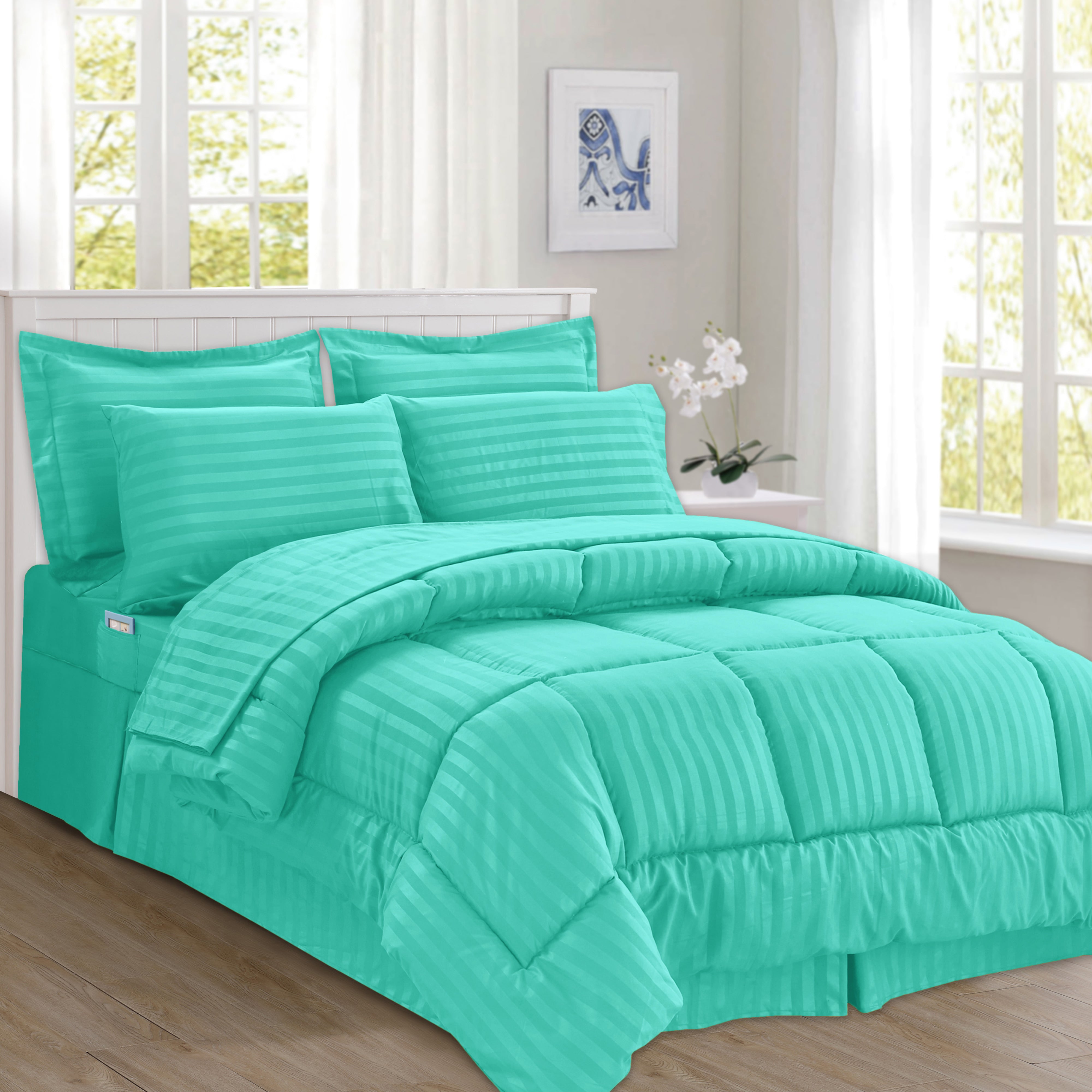 Everlaneas 8-Piece Dobby Stripe Comforter Set - Includes 4-Piece Sheet Set with Double Sided Storage Pockets
