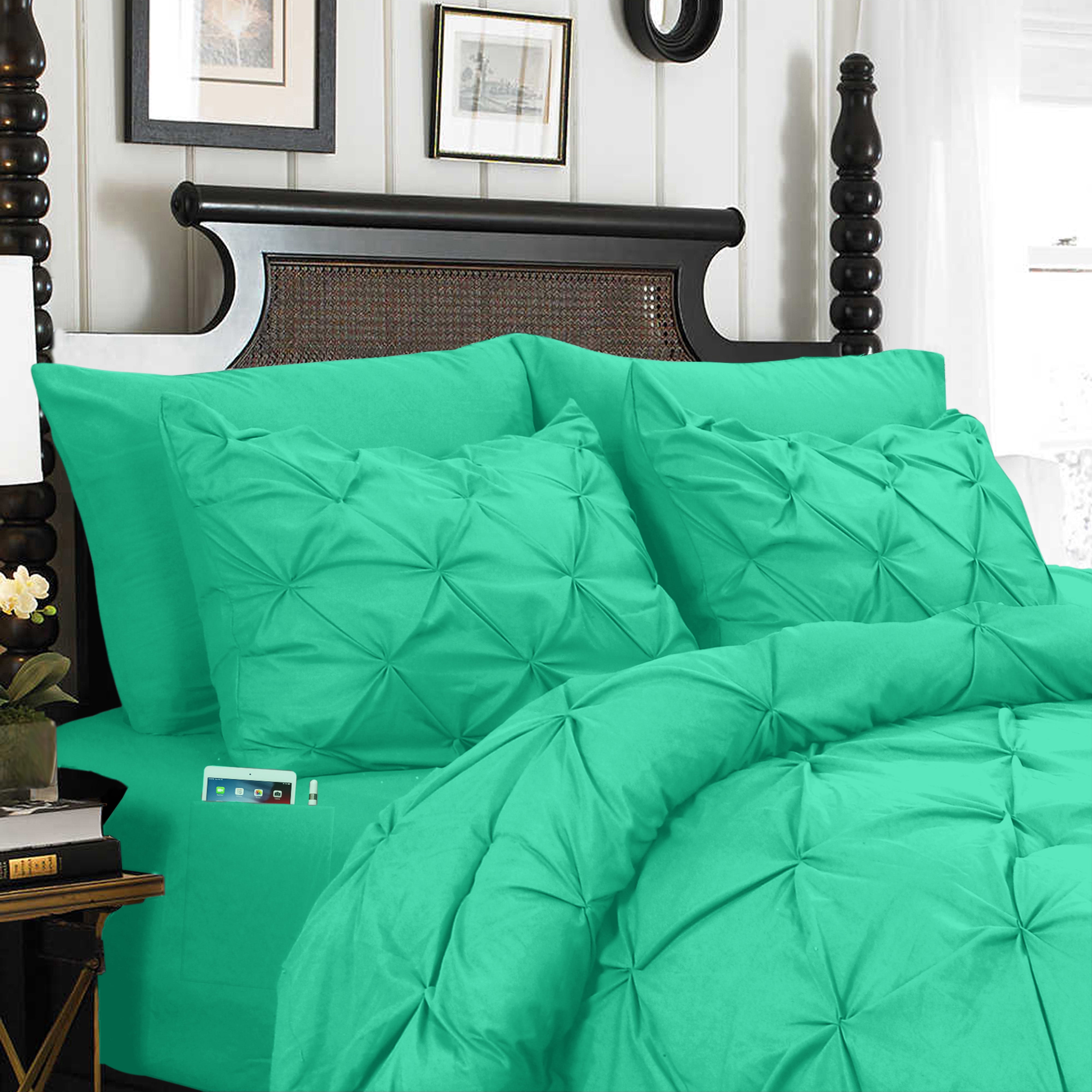 Everlaneas 8-Piece Pintuck Pinch Pleated Comforter Set - Includes 4-Piece Sheet Set with Double Sided Storage Pockets