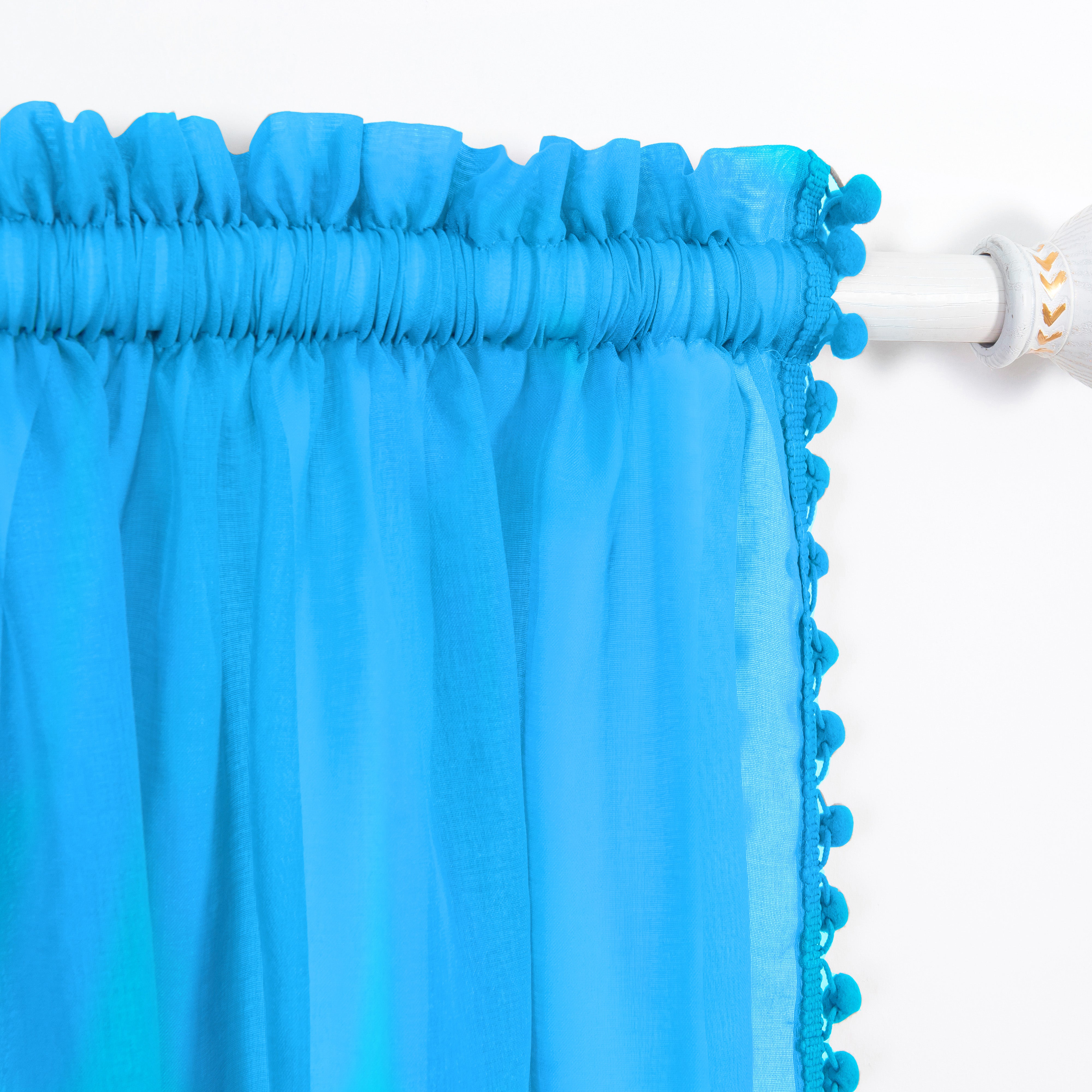 Everlaneas Set of 2 Pom Pom Tasseled Sheer Curtain - Rod Pocket