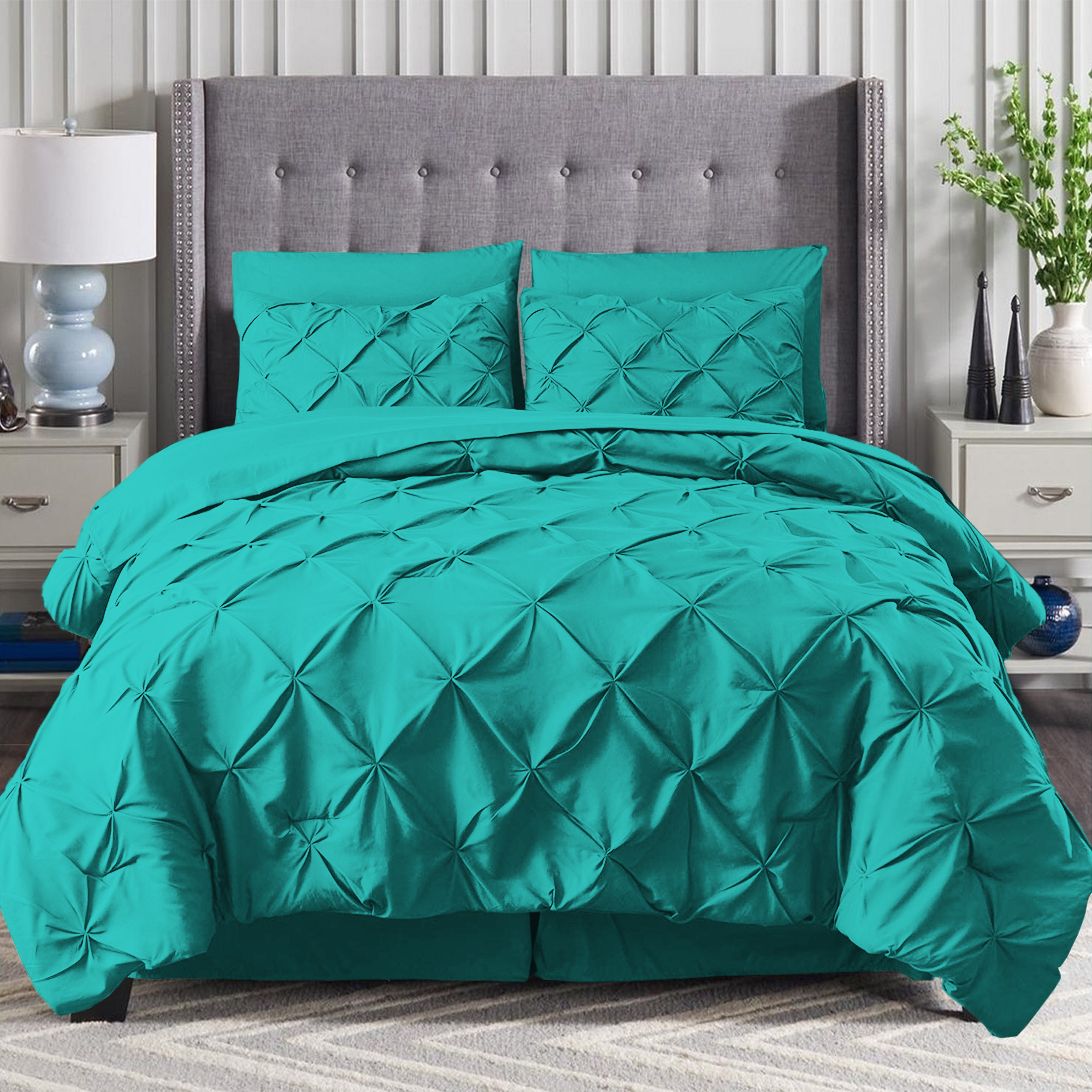 Everlaneas 8-Piece Pintuck Pinch Pleated Comforter Set - Includes 4-Piece Sheet Set with Double Sided Storage Pockets