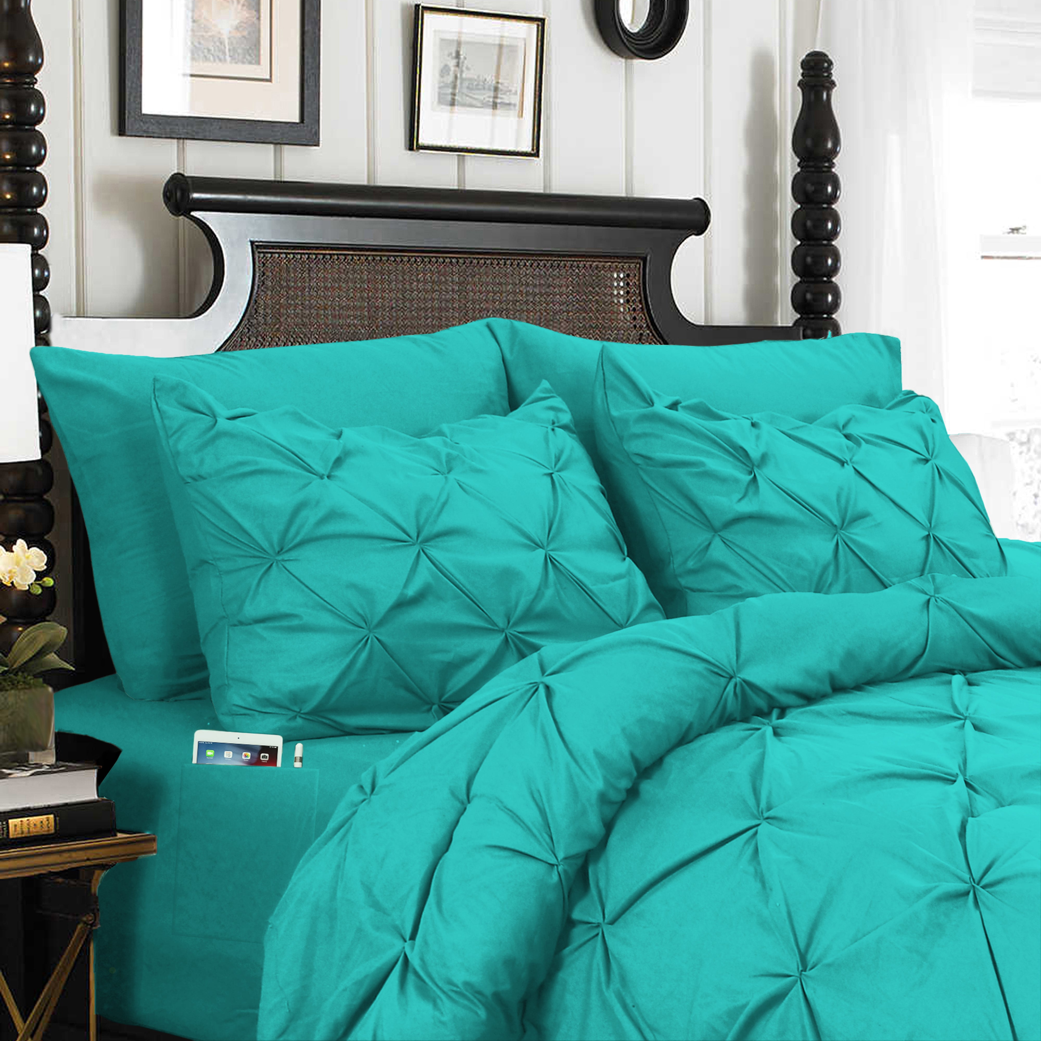 Everlaneas 8-Piece Pintuck Pinch Pleated Comforter Set - Includes 4-Piece Sheet Set with Double Sided Storage Pockets