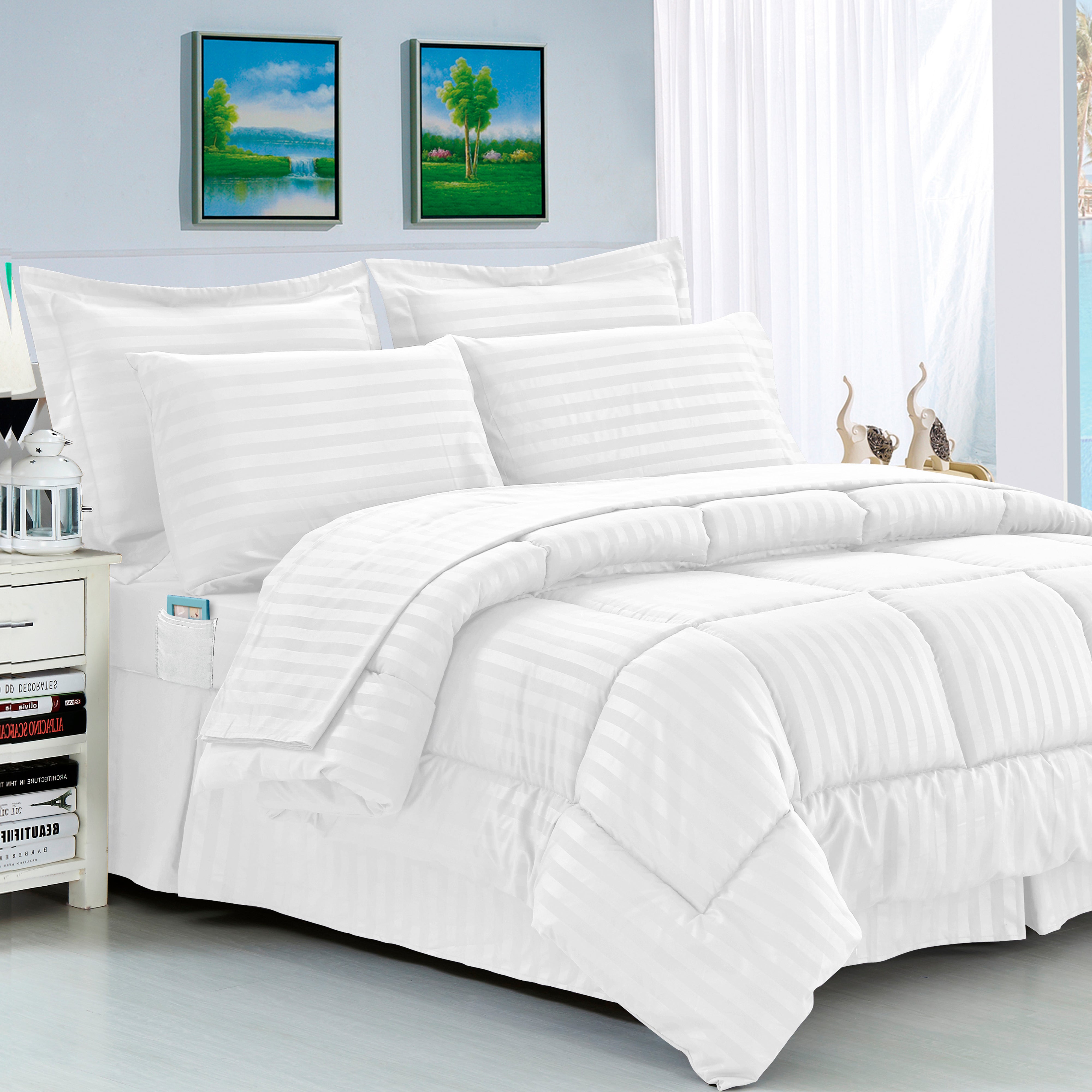 Everlaneas 8-Piece Dobby Stripe Comforter Set - Includes 4-Piece Sheet Set with Double Sided Storage Pockets
