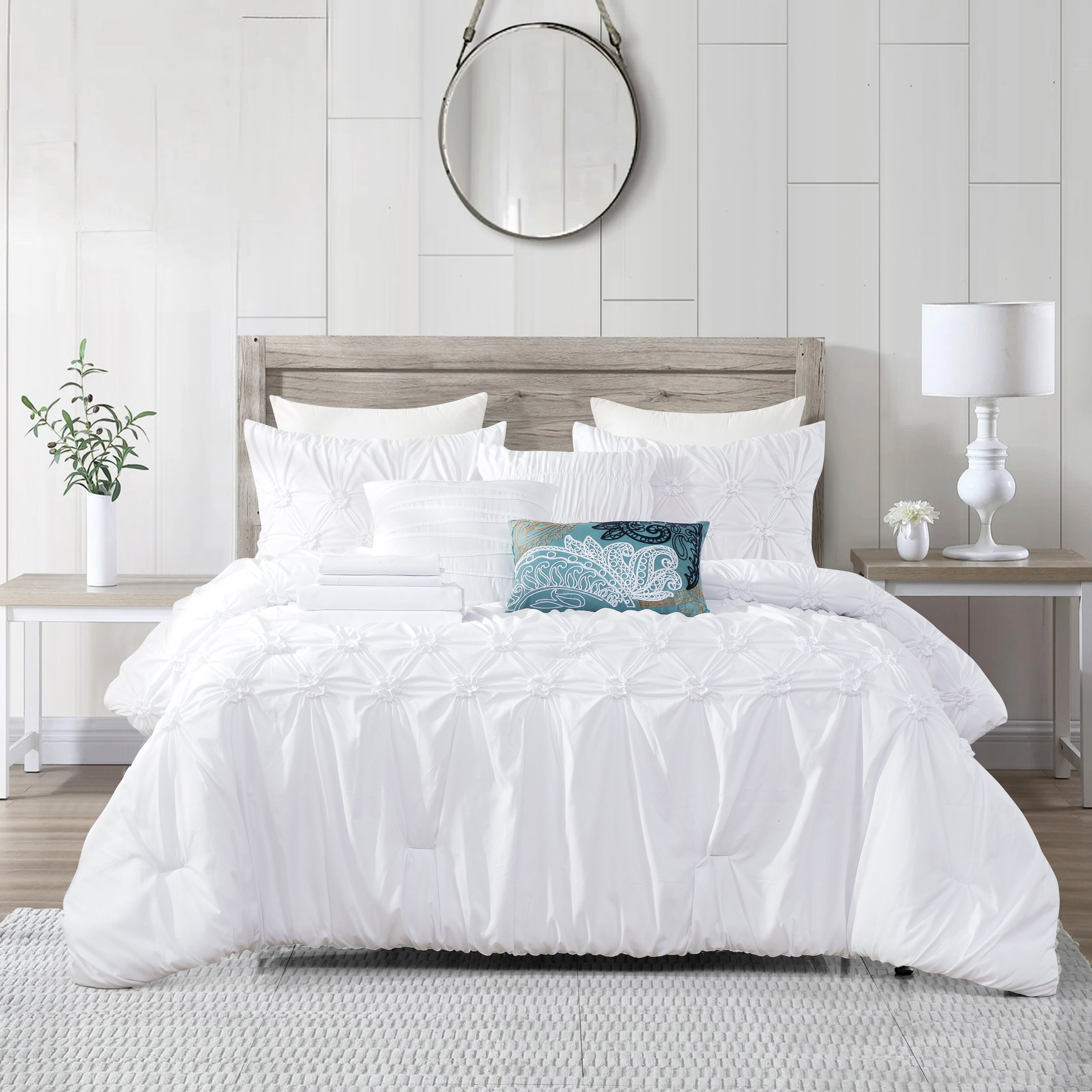 Everlaneas 12-Piece Ella Pleated Ruched Pintuck Comforter Set, Includes 6-Piece Sheet Set with Double Sided Storage Pockets