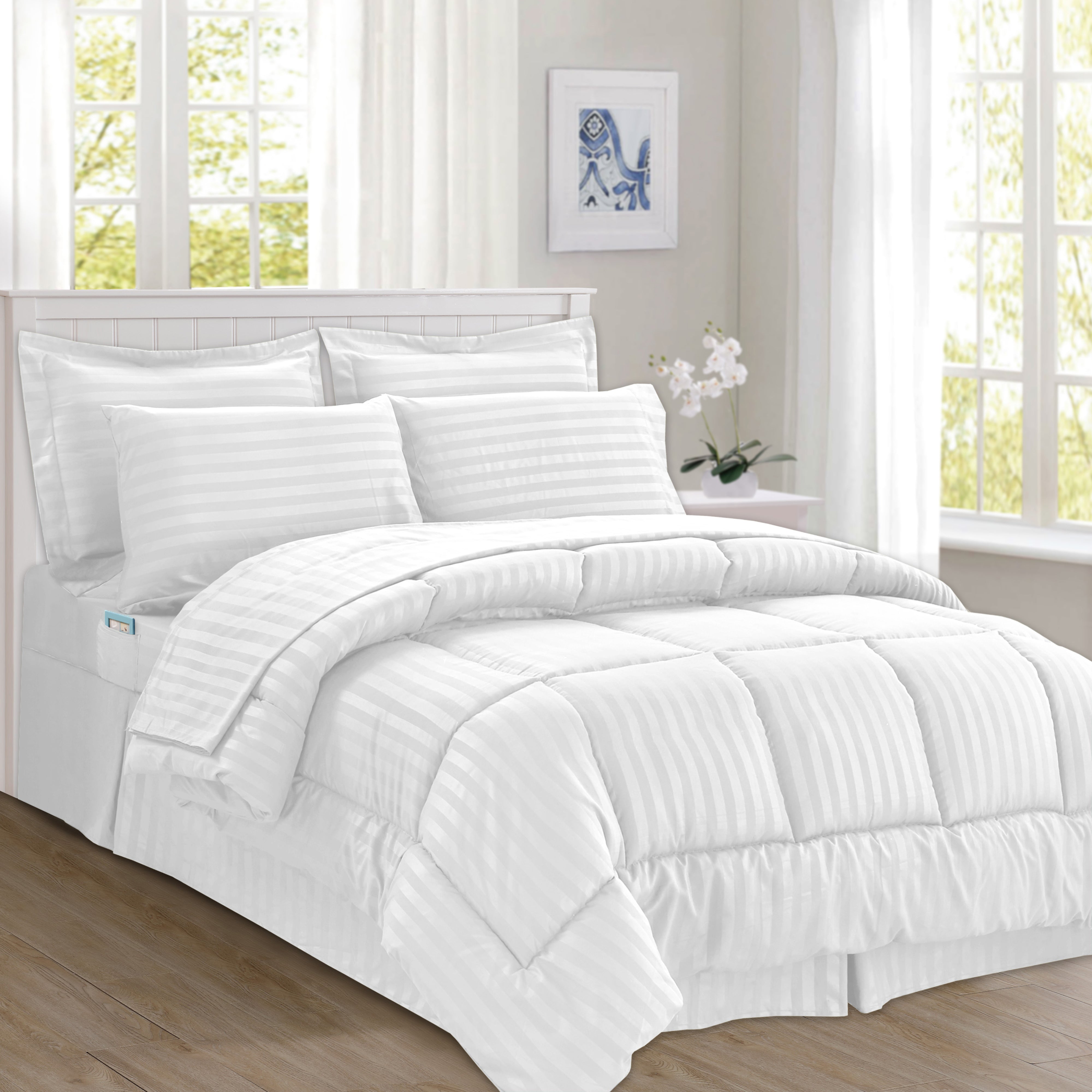 Everlaneas 8-Piece Dobby Stripe Comforter Set - Includes 4-Piece Sheet Set with Double Sided Storage Pockets