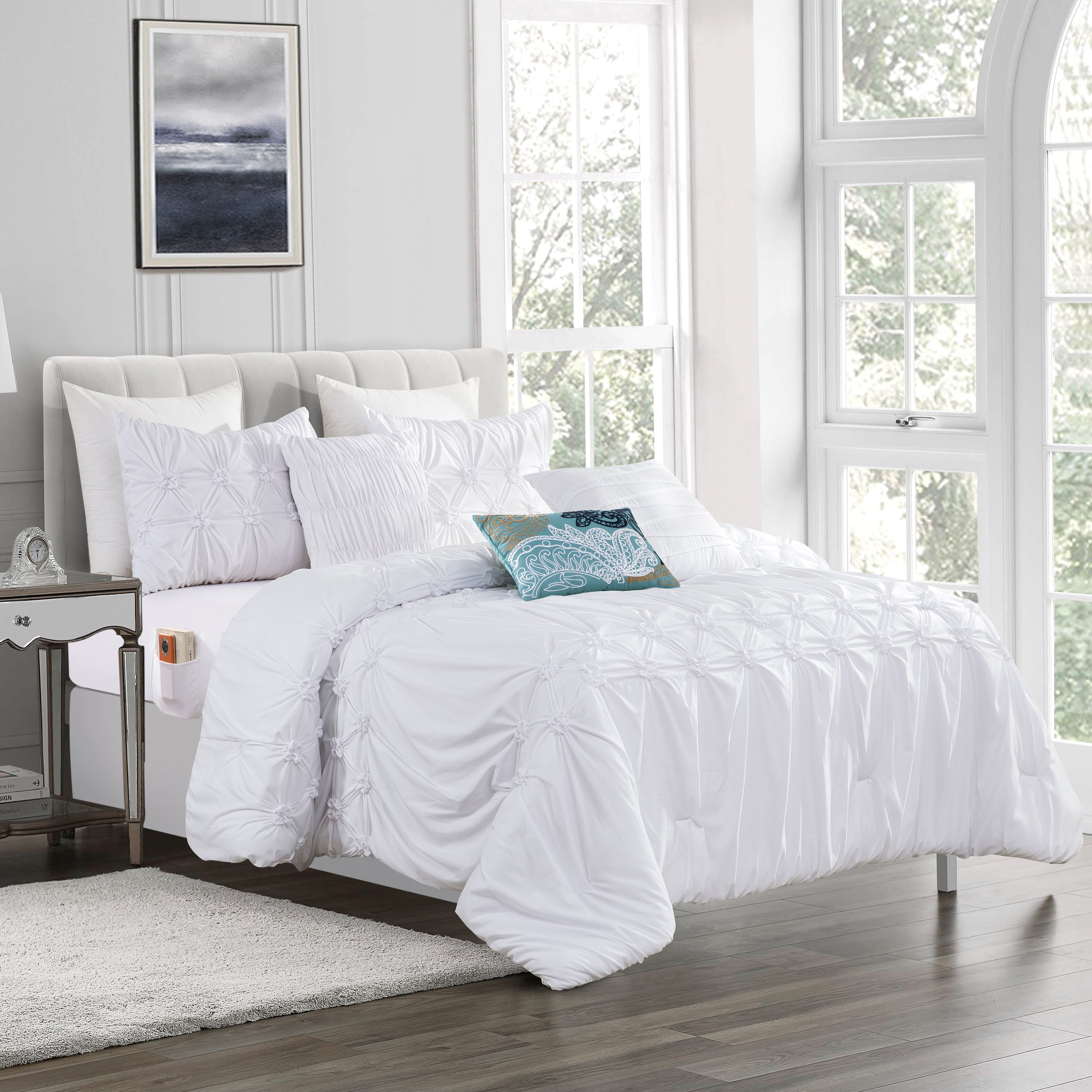 Everlaneas 12-Piece Ella Pleated Ruched Pintuck Comforter Set, Includes 6-Piece Sheet Set with Double Sided Storage Pockets