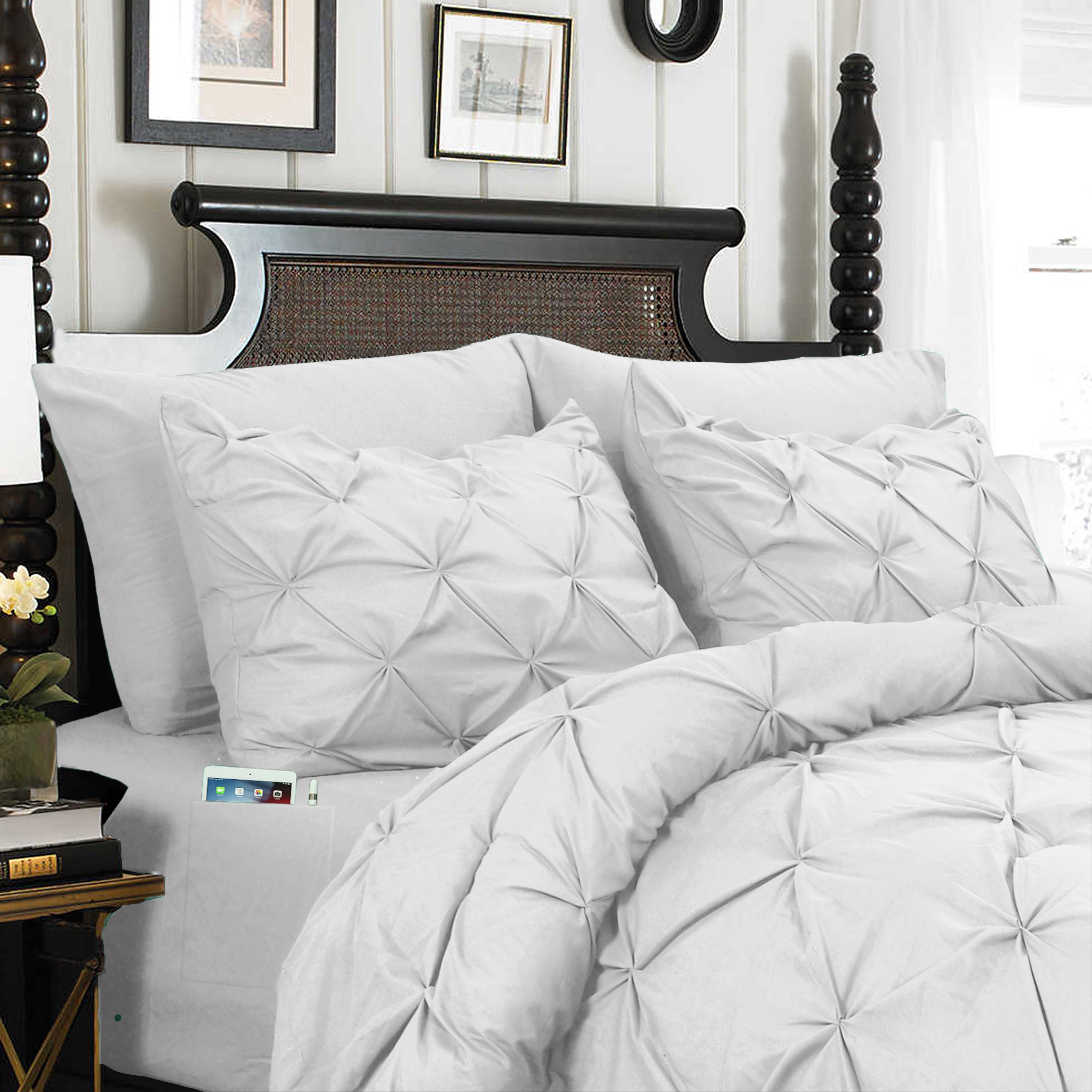 Everlaneas 8-Piece Pintuck Pinch Pleated Comforter Set - Includes 4-Piece Sheet Set with Double Sided Storage Pockets