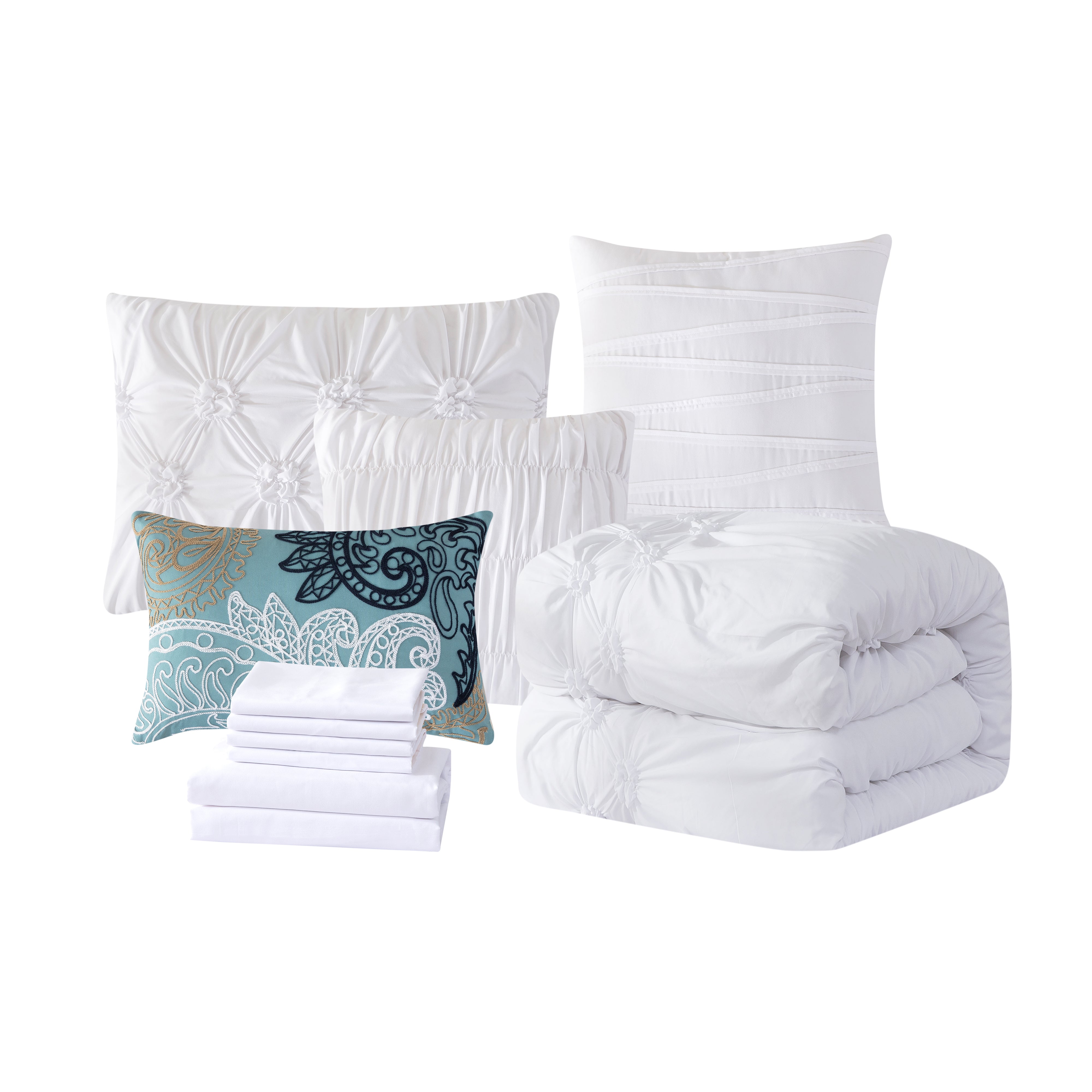 Everlaneas 12-Piece Ella Pleated Ruched Pintuck Comforter Set, Includes 6-Piece Sheet Set with Double Sided Storage Pockets