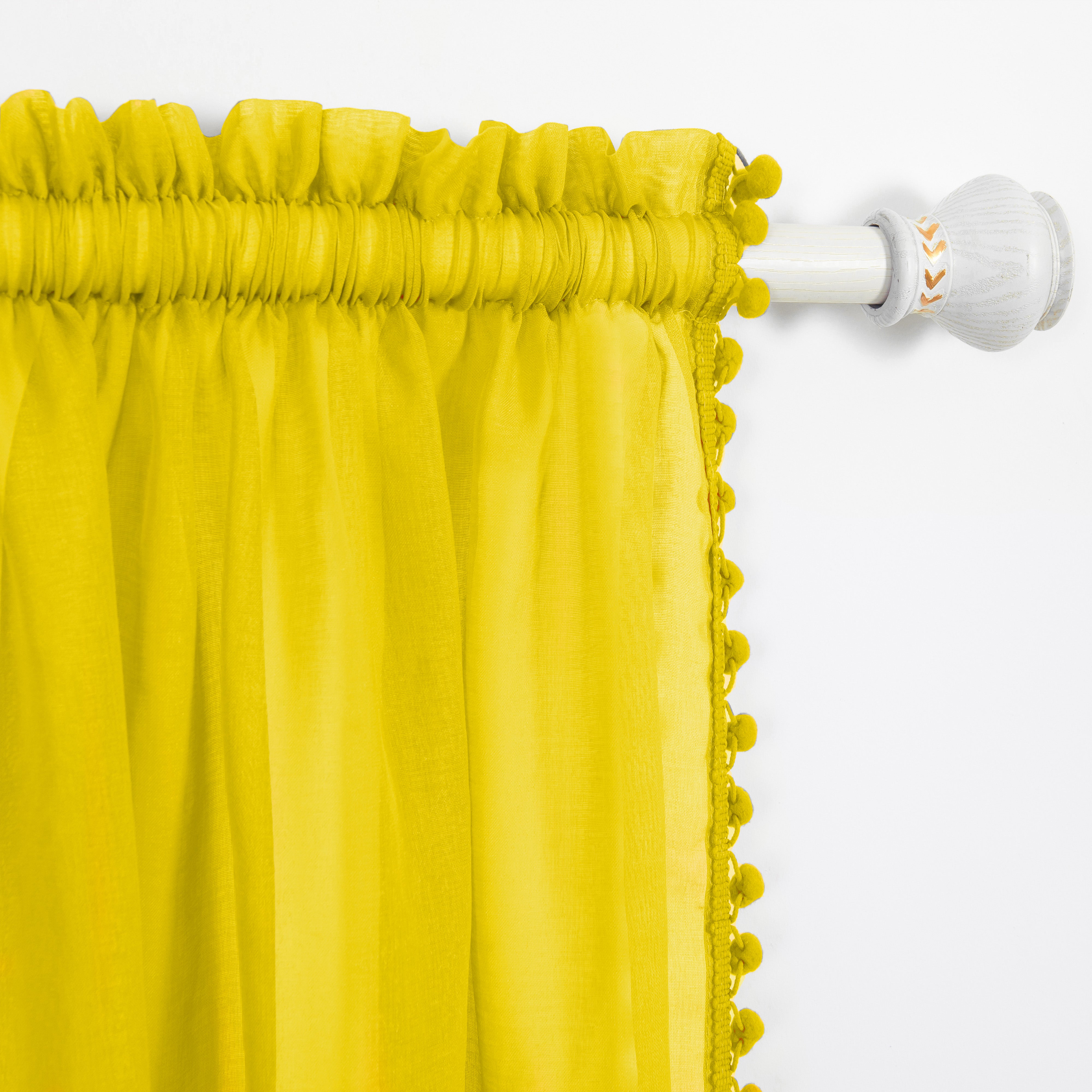 Everlaneas Set of 2 Pom Pom Tasseled Sheer Curtain - Rod Pocket
