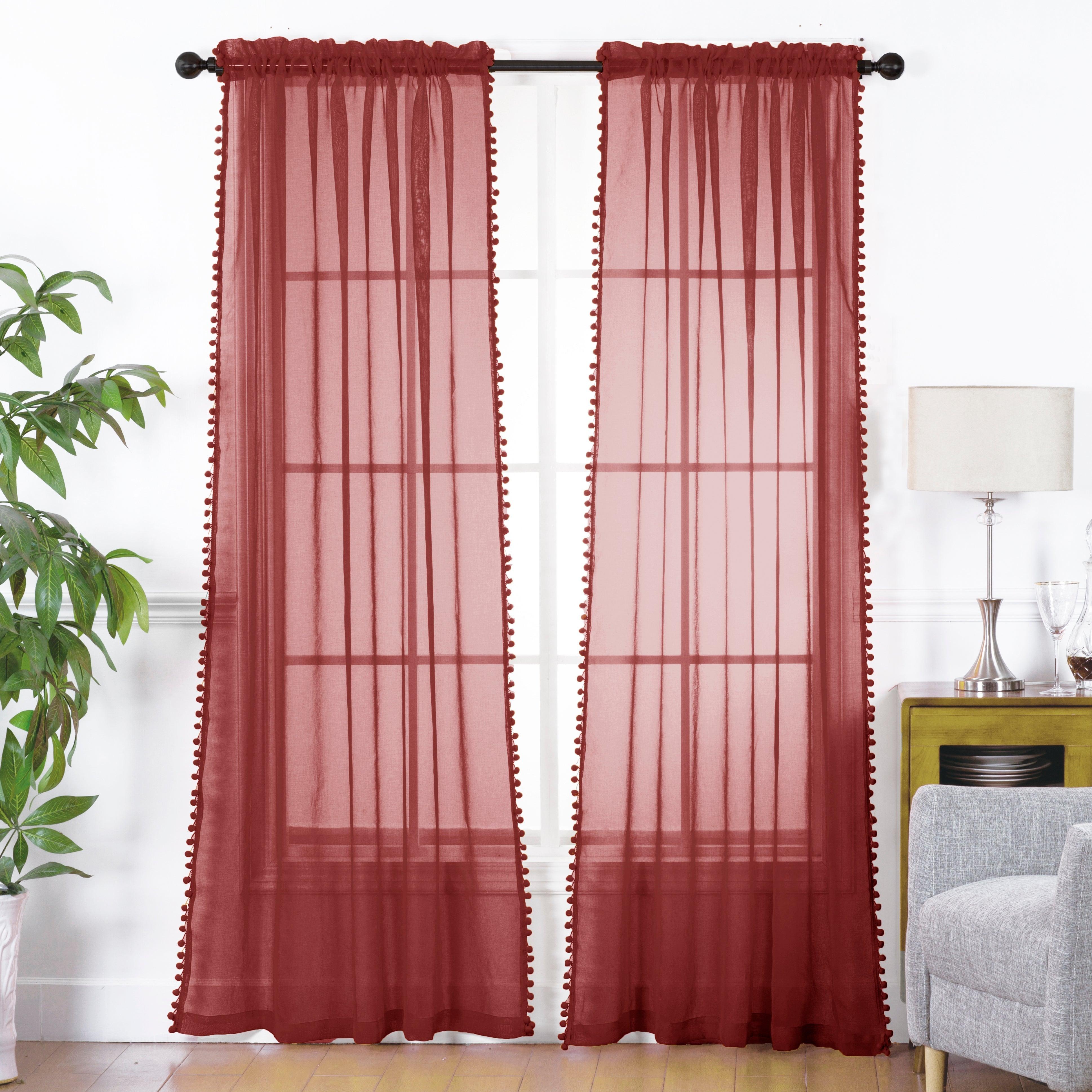 Everlaneas Set of 2 Pom Pom Tasseled Sheer Curtain - Rod Pocket