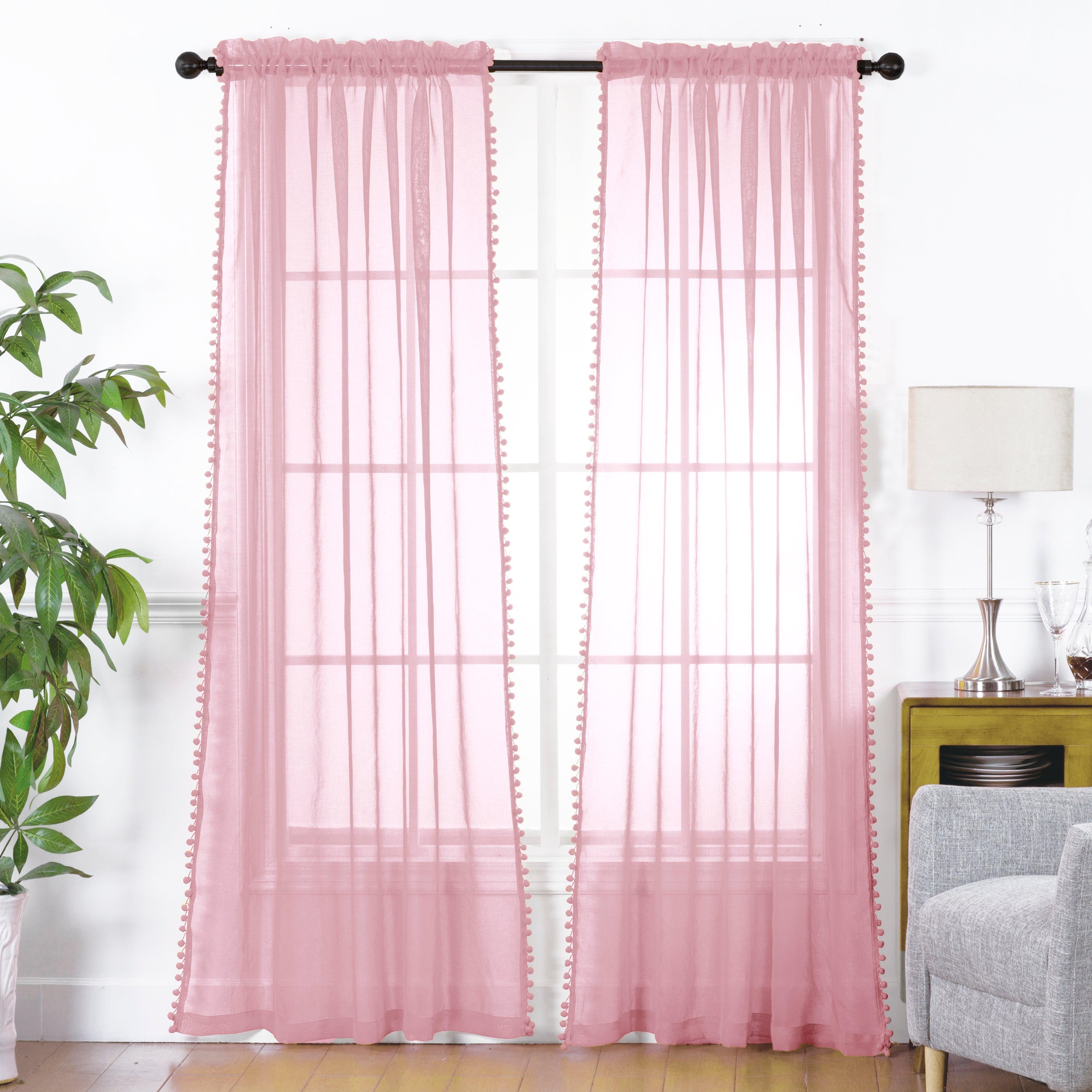 Everlaneas Set of 2 Pom Pom Tasseled Sheer Curtain - Rod Pocket
