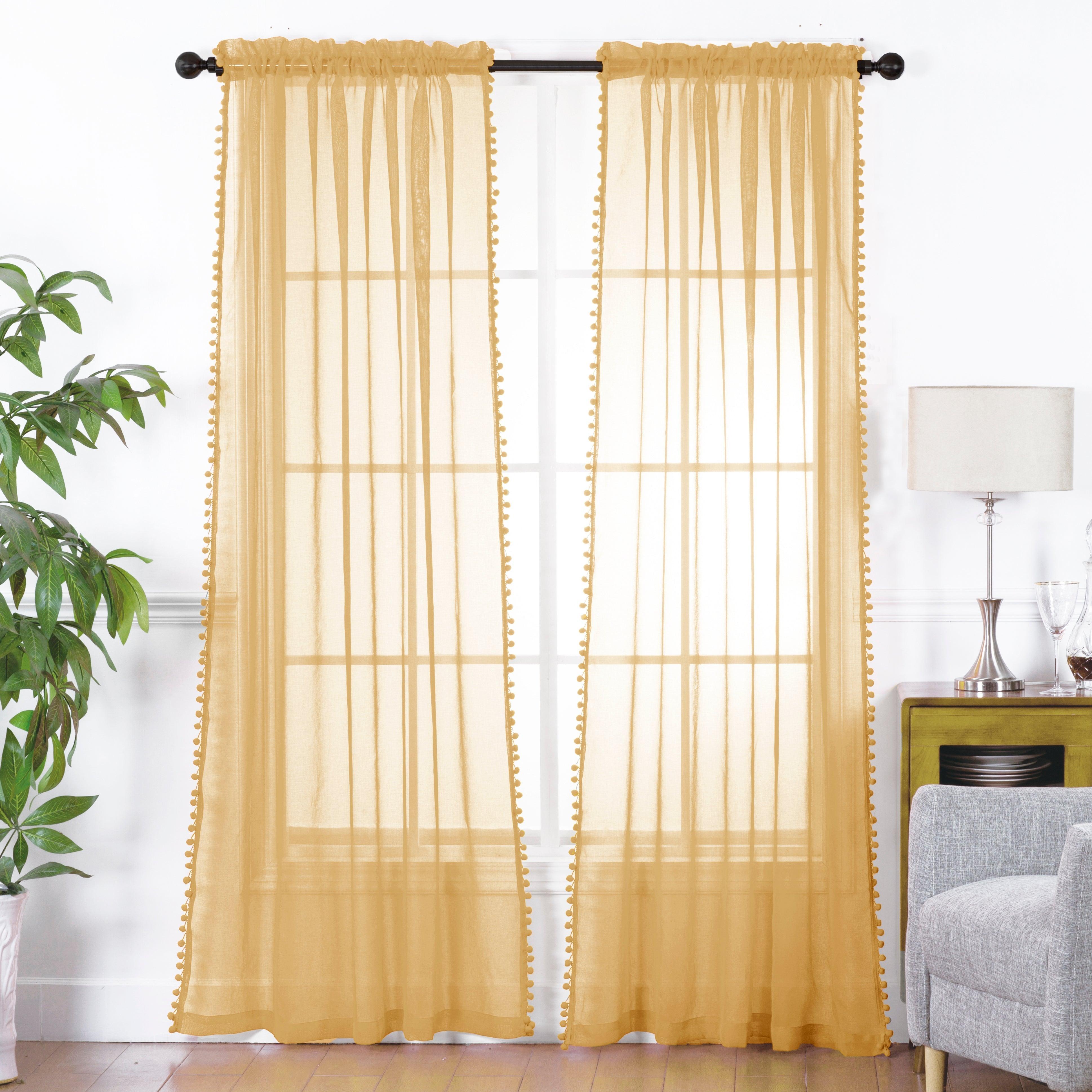 Everlaneas Set of 2 Pom Pom Tasseled Sheer Curtain - Rod Pocket