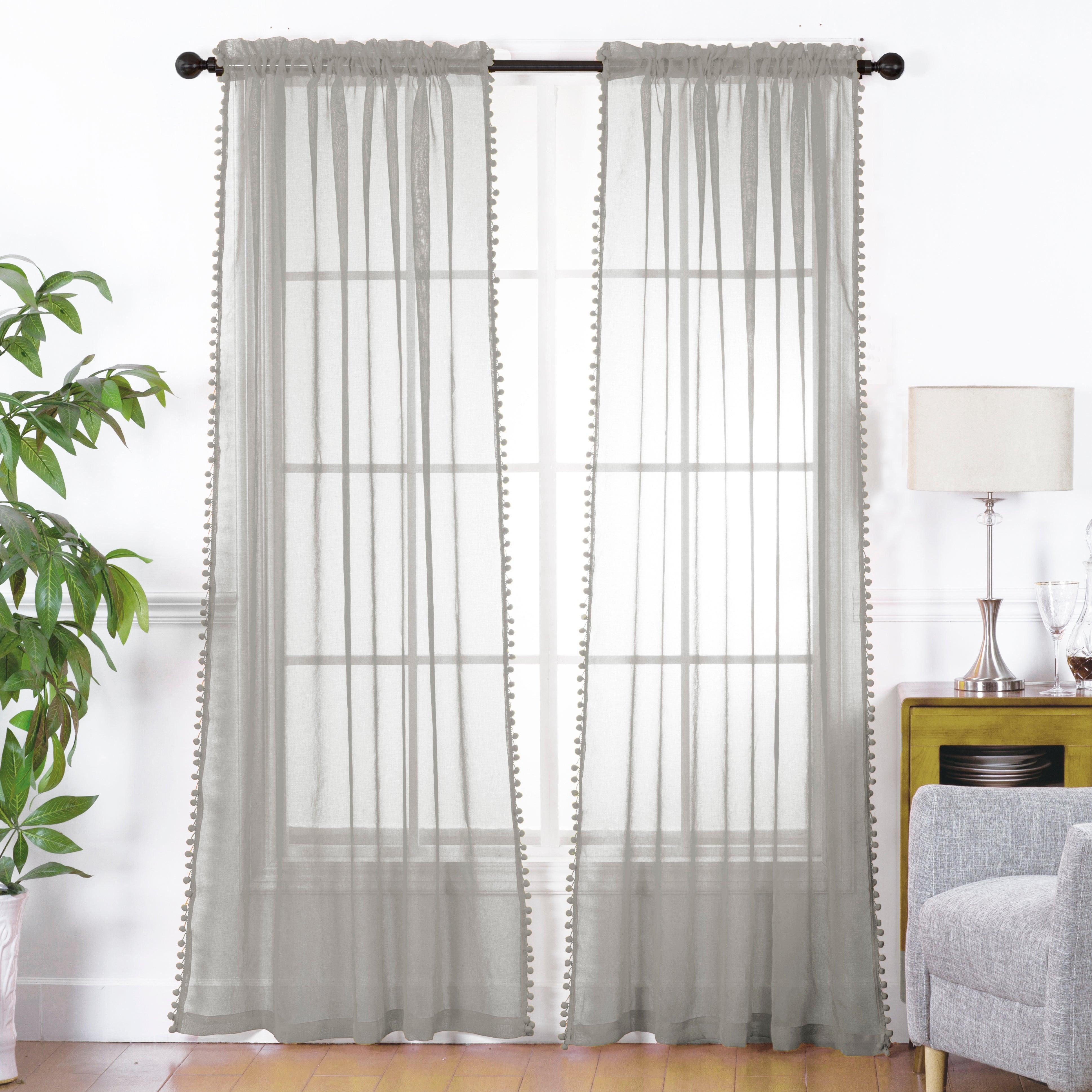 Everlaneas Set of 2 Pom Pom Tasseled Sheer Curtain - Rod Pocket