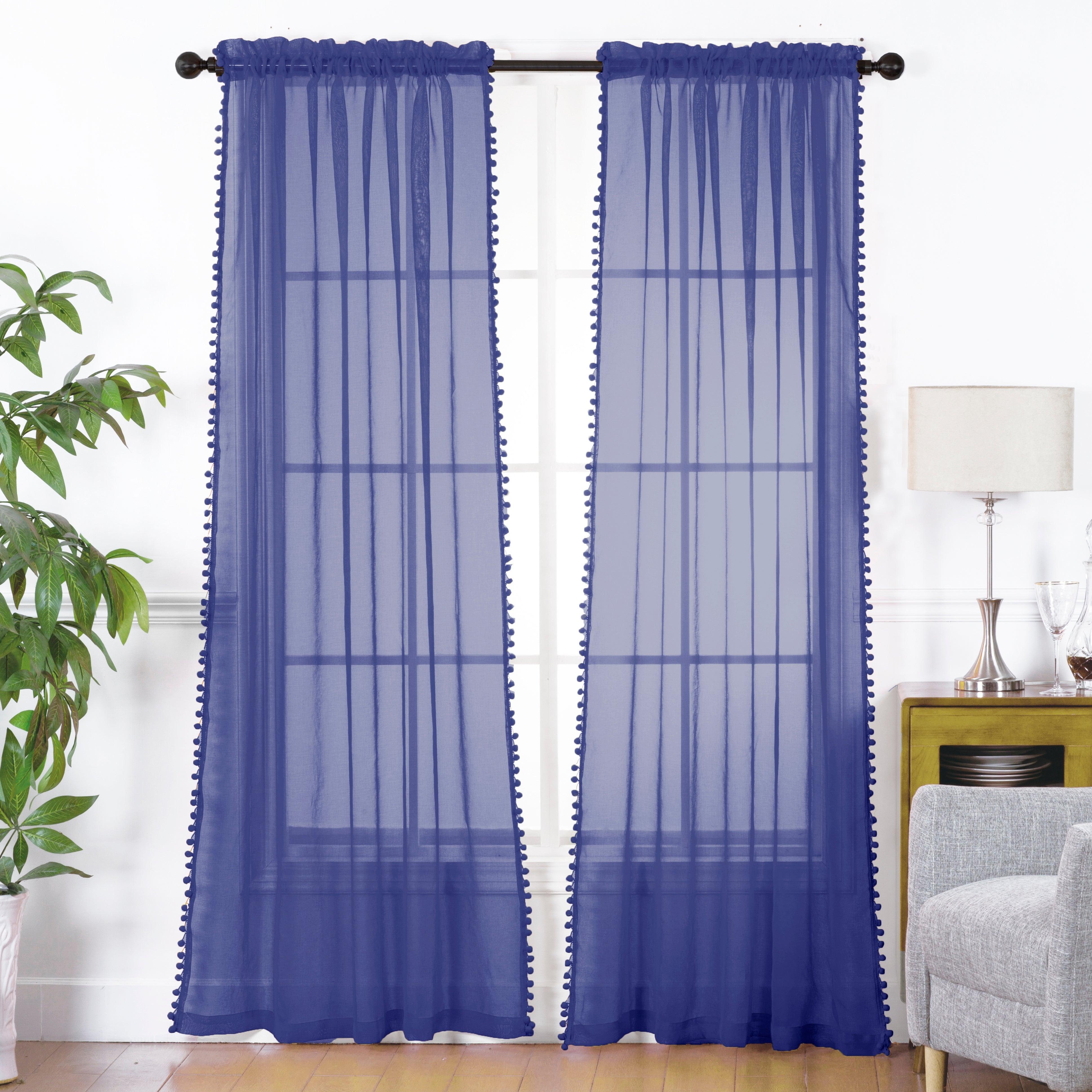 Everlaneas Set of 2 Pom Pom Tasseled Sheer Curtain - Rod Pocket