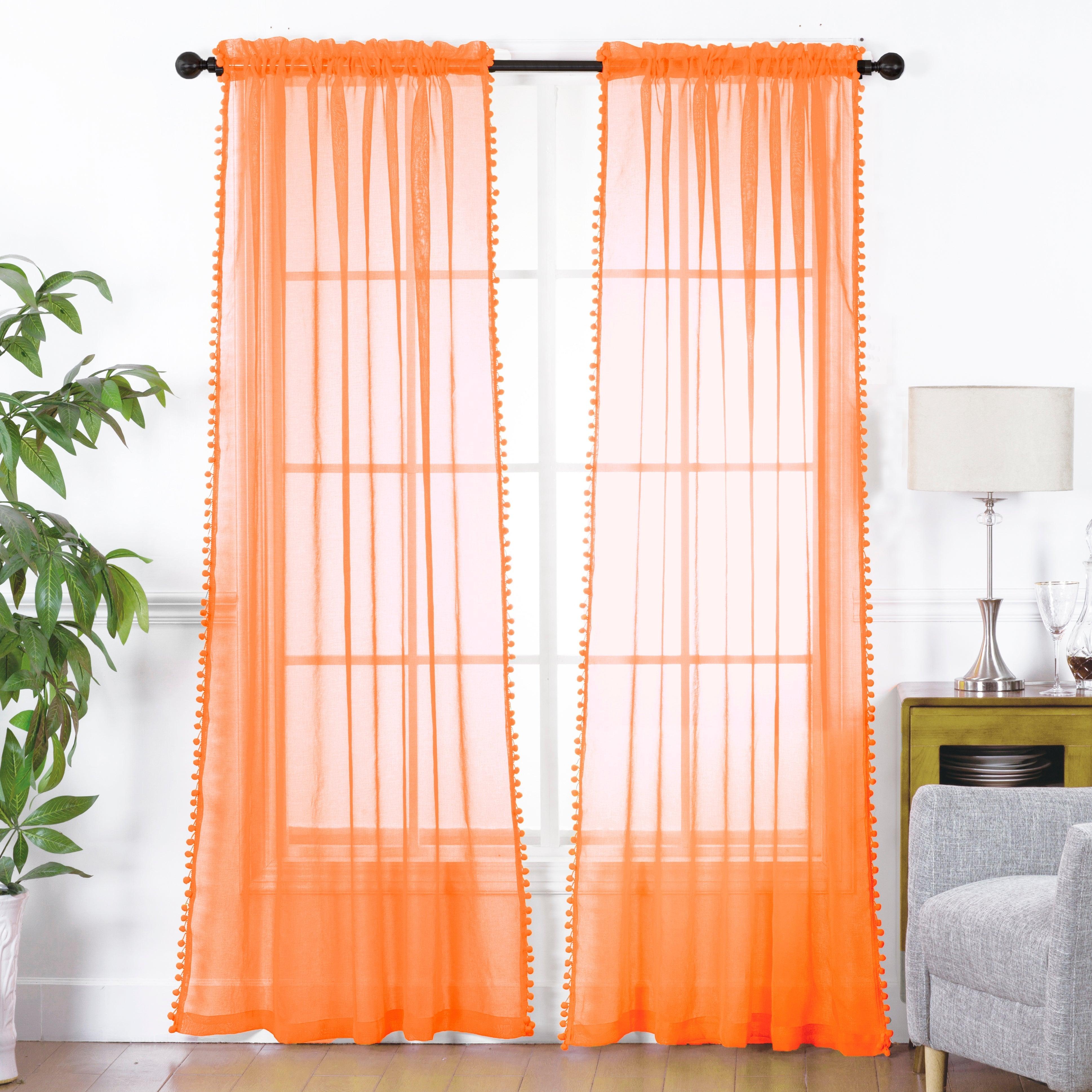 Everlaneas Set of 2 Pom Pom Tasseled Sheer Curtain - Rod Pocket