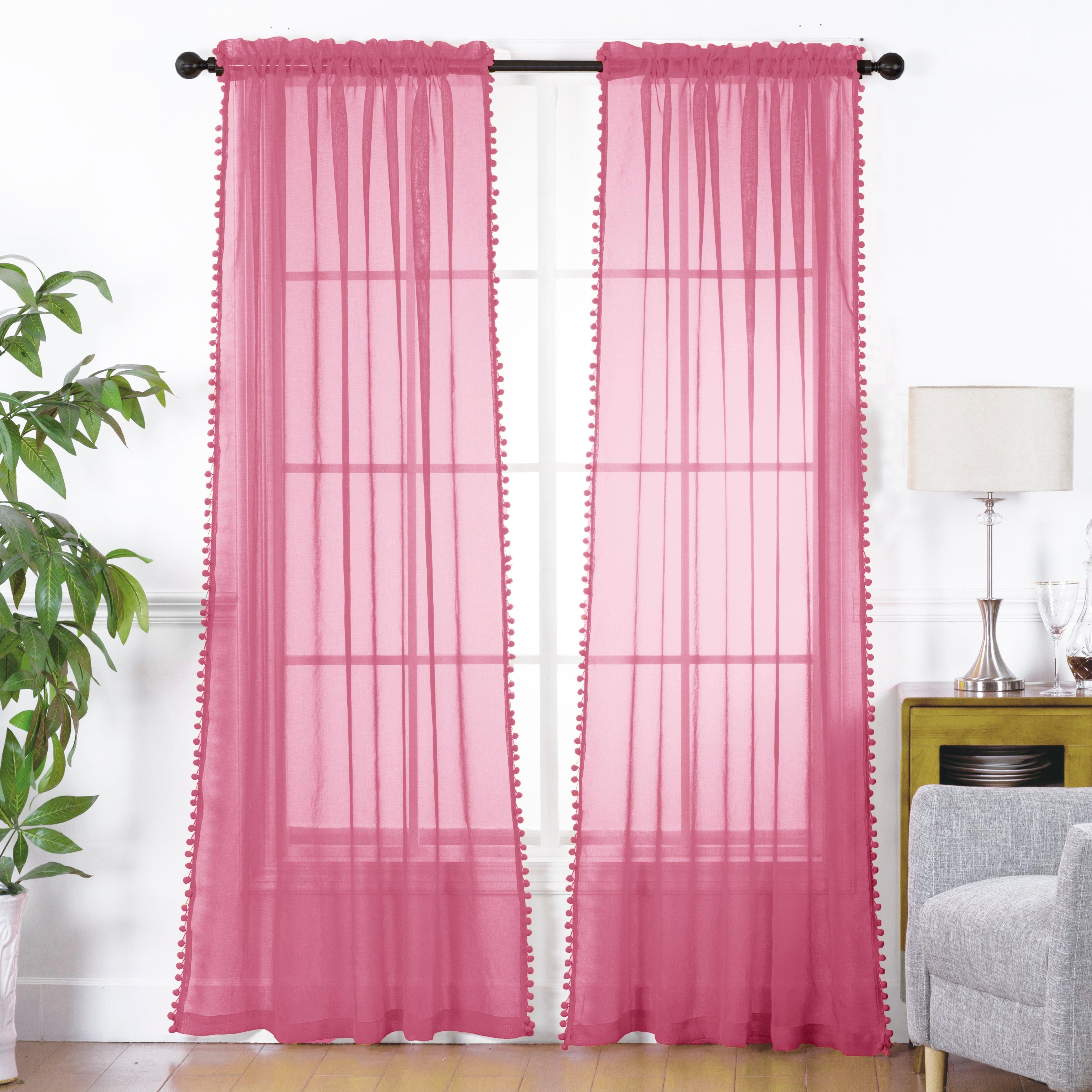 Everlaneas Set of 2 Pom Pom Tasseled Sheer Curtain - Rod Pocket