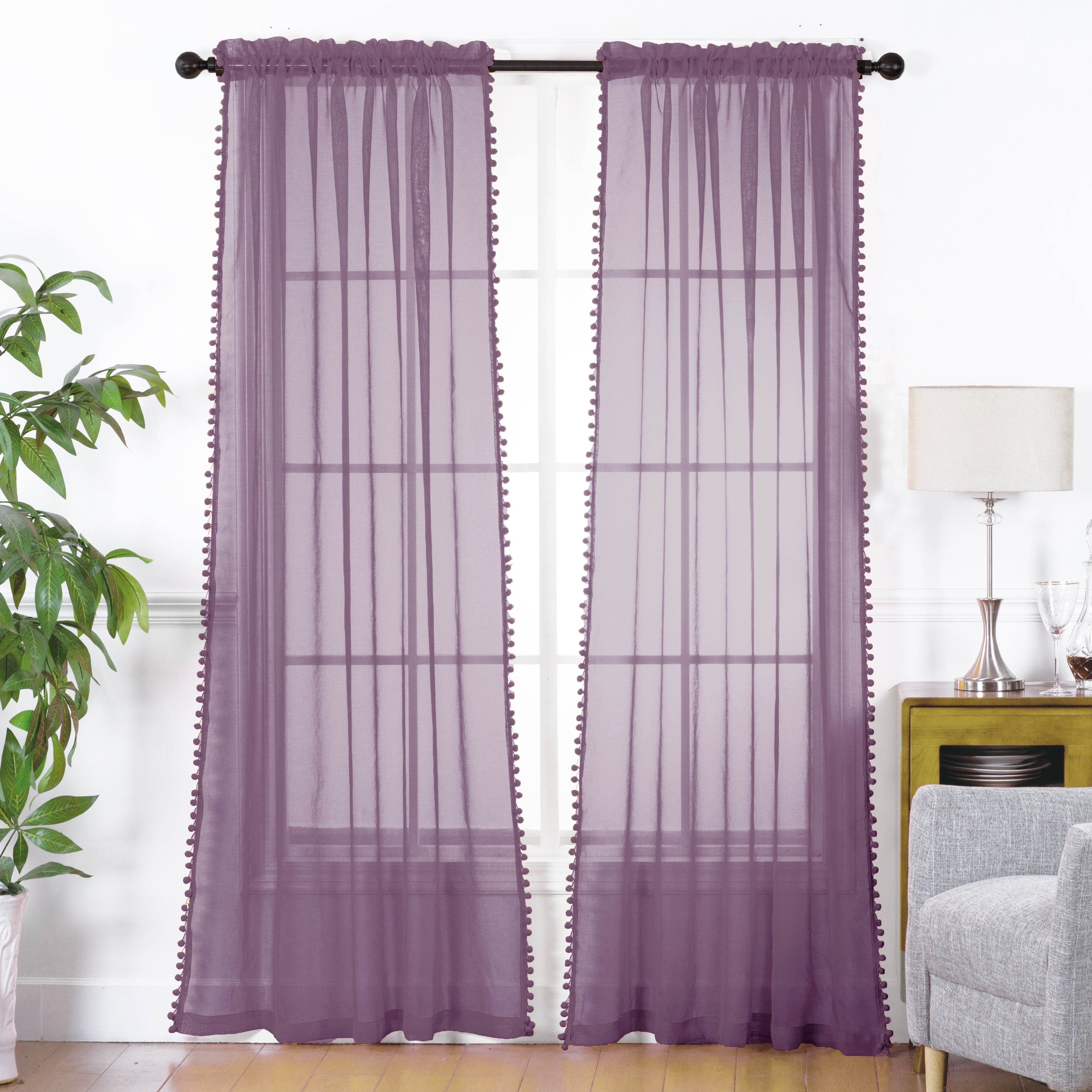 Everlaneas Set of 2 Pom Pom Tasseled Sheer Curtain - Rod Pocket