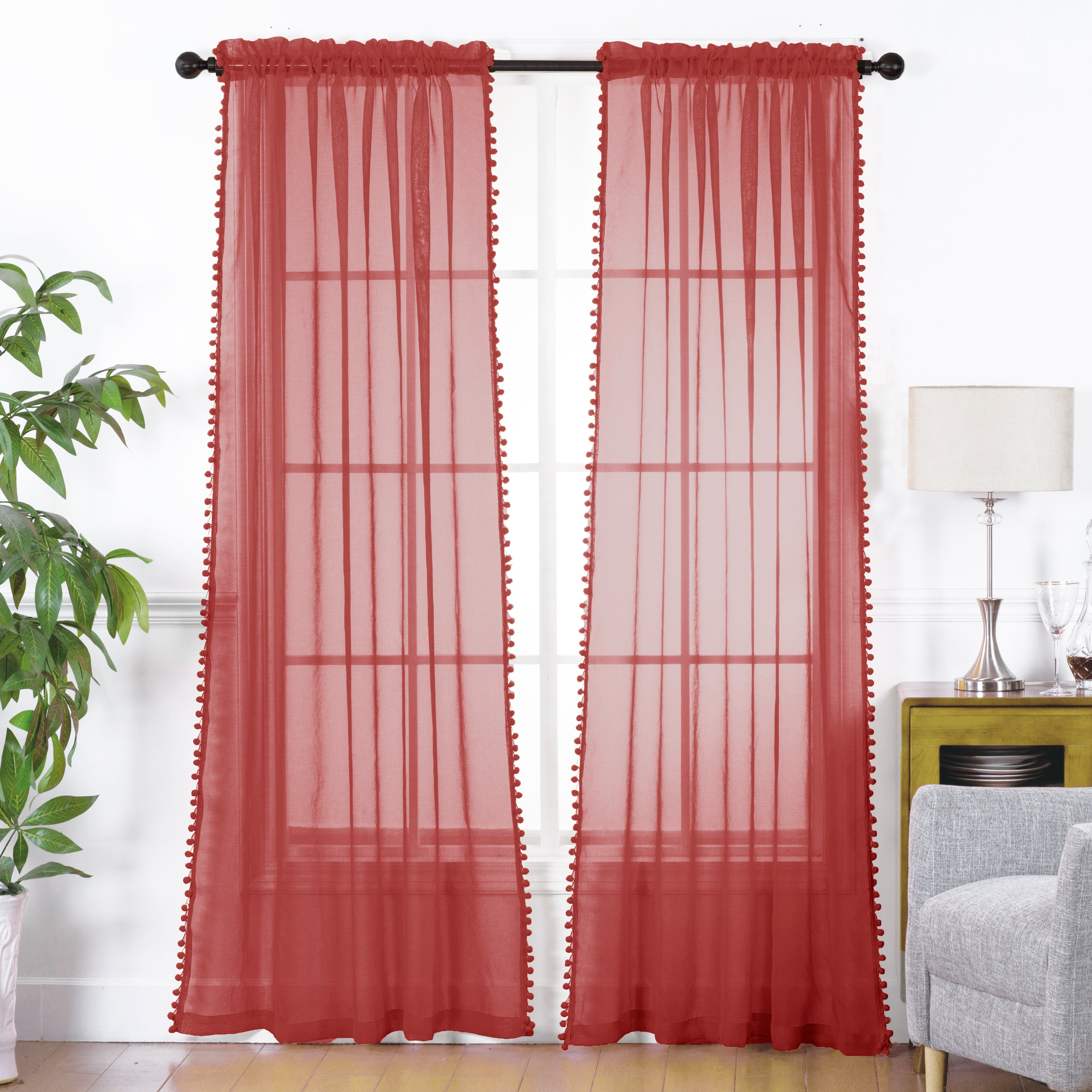 Everlaneas Set of 2 Pom Pom Tasseled Sheer Curtain - Rod Pocket