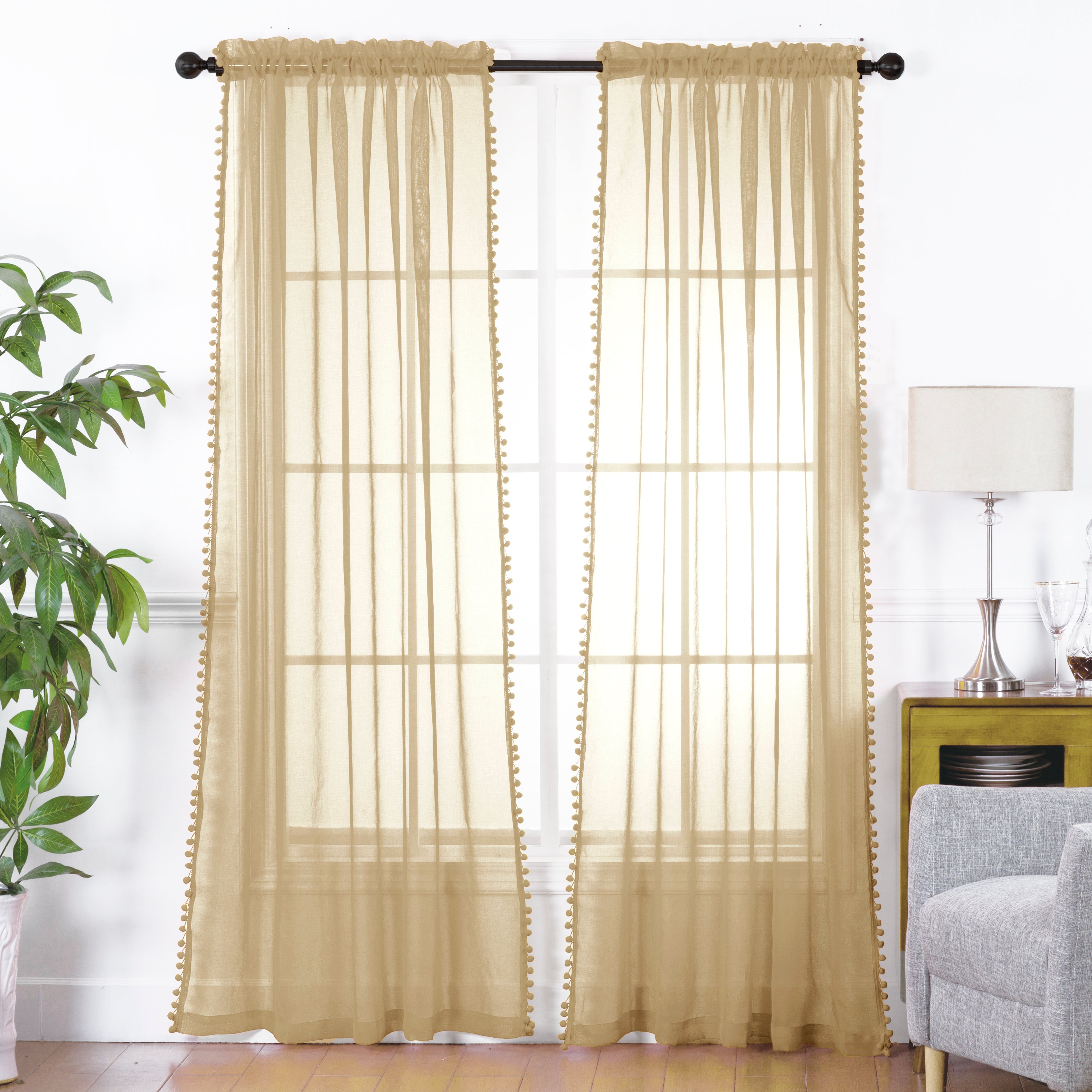 Everlaneas Set of 2 Pom Pom Tasseled Sheer Curtain - Rod Pocket