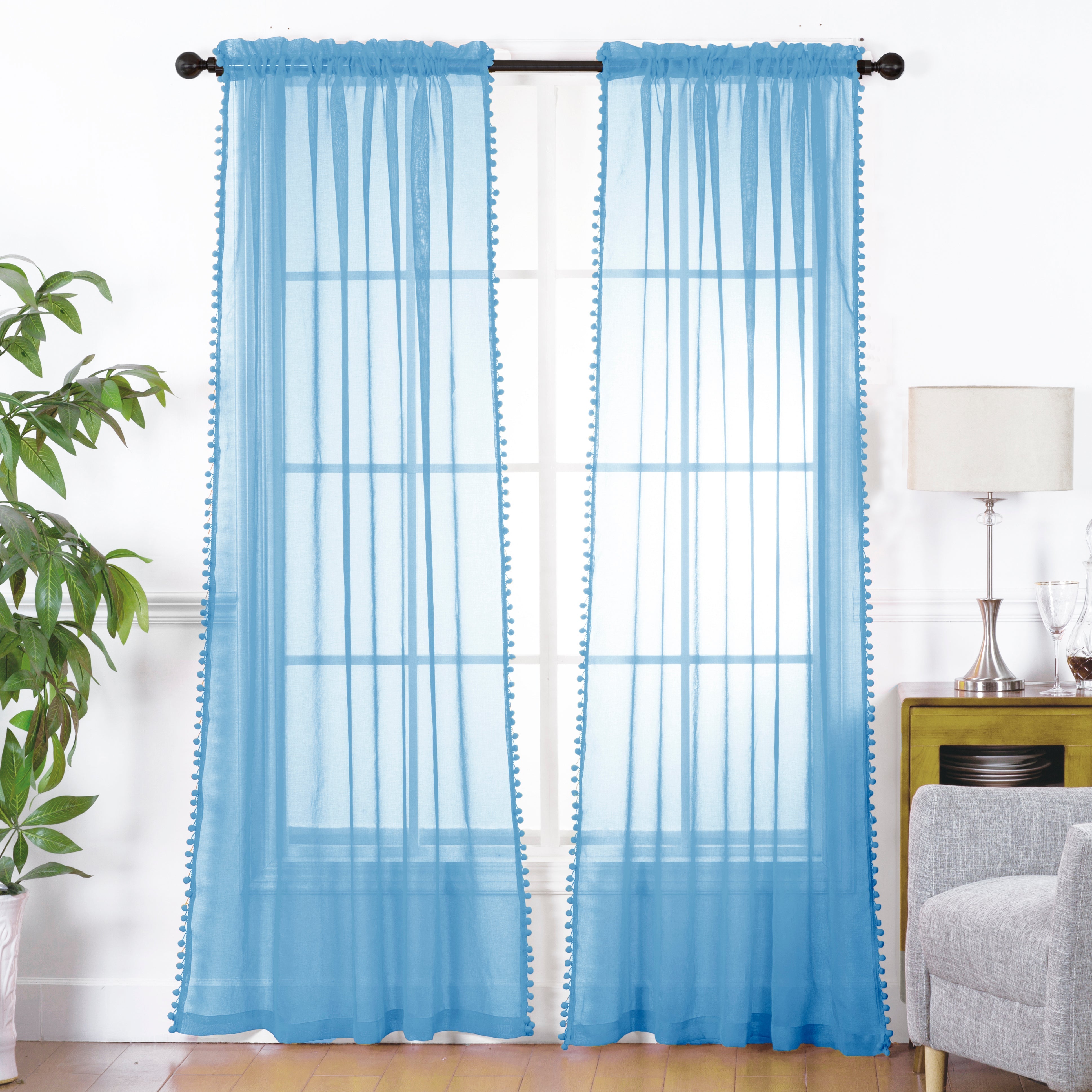 Everlaneas Set of 2 Pom Pom Tasseled Sheer Curtain - Rod Pocket