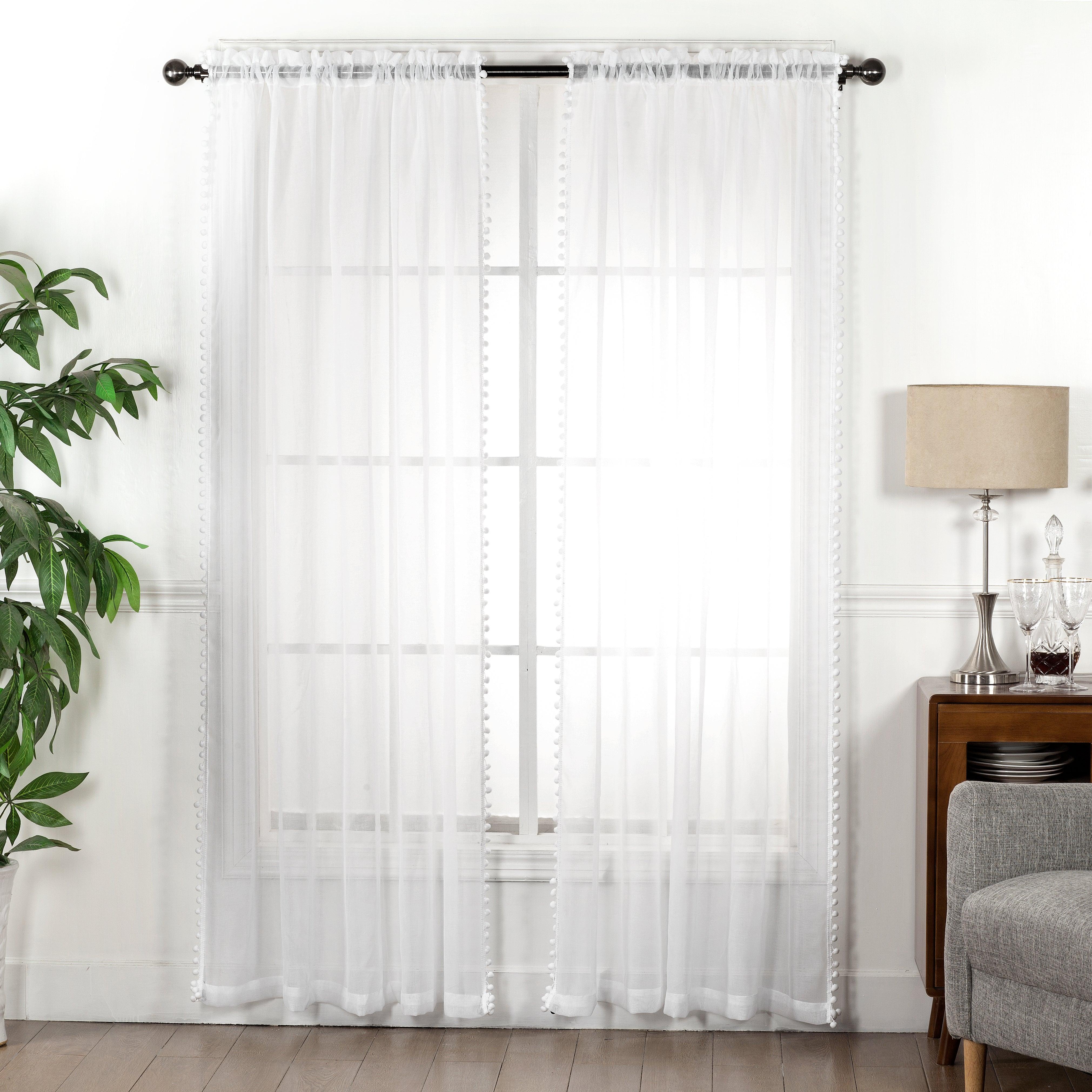 Everlaneas Set of 2 Pom Pom Tasseled Sheer Curtain - Rod Pocket