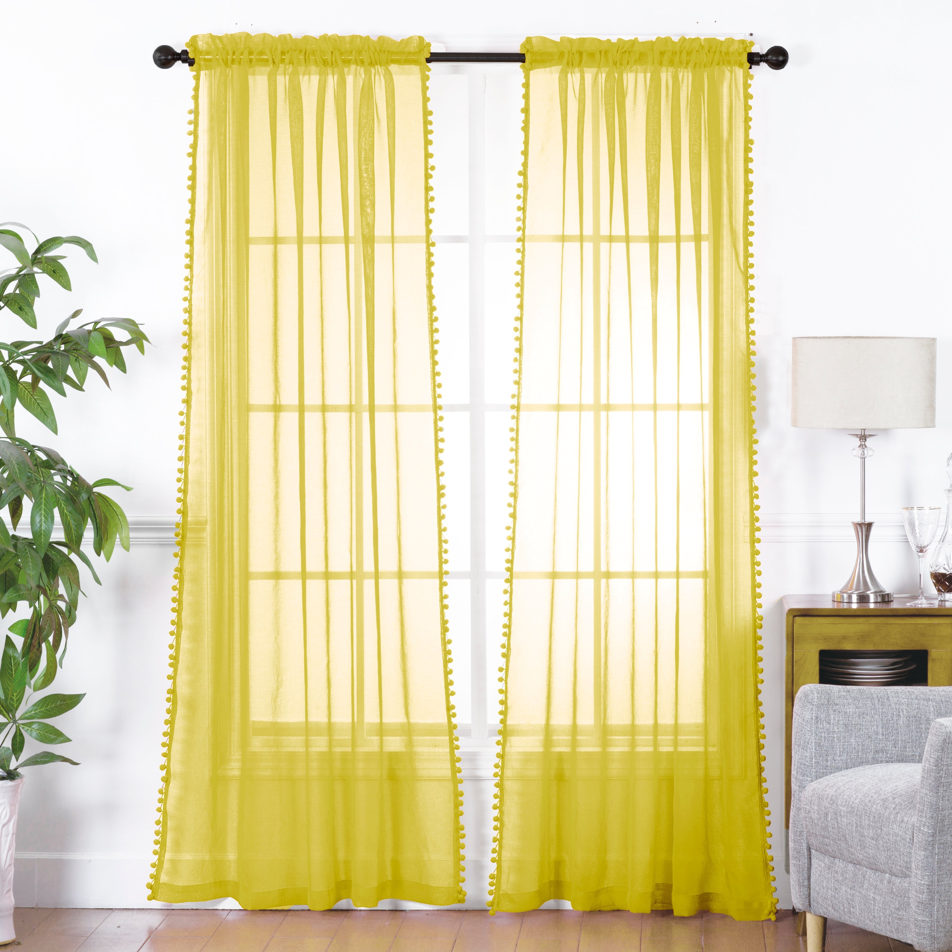 Everlaneas Set of 2 Pom Pom Tasseled Sheer Curtain - Rod Pocket
