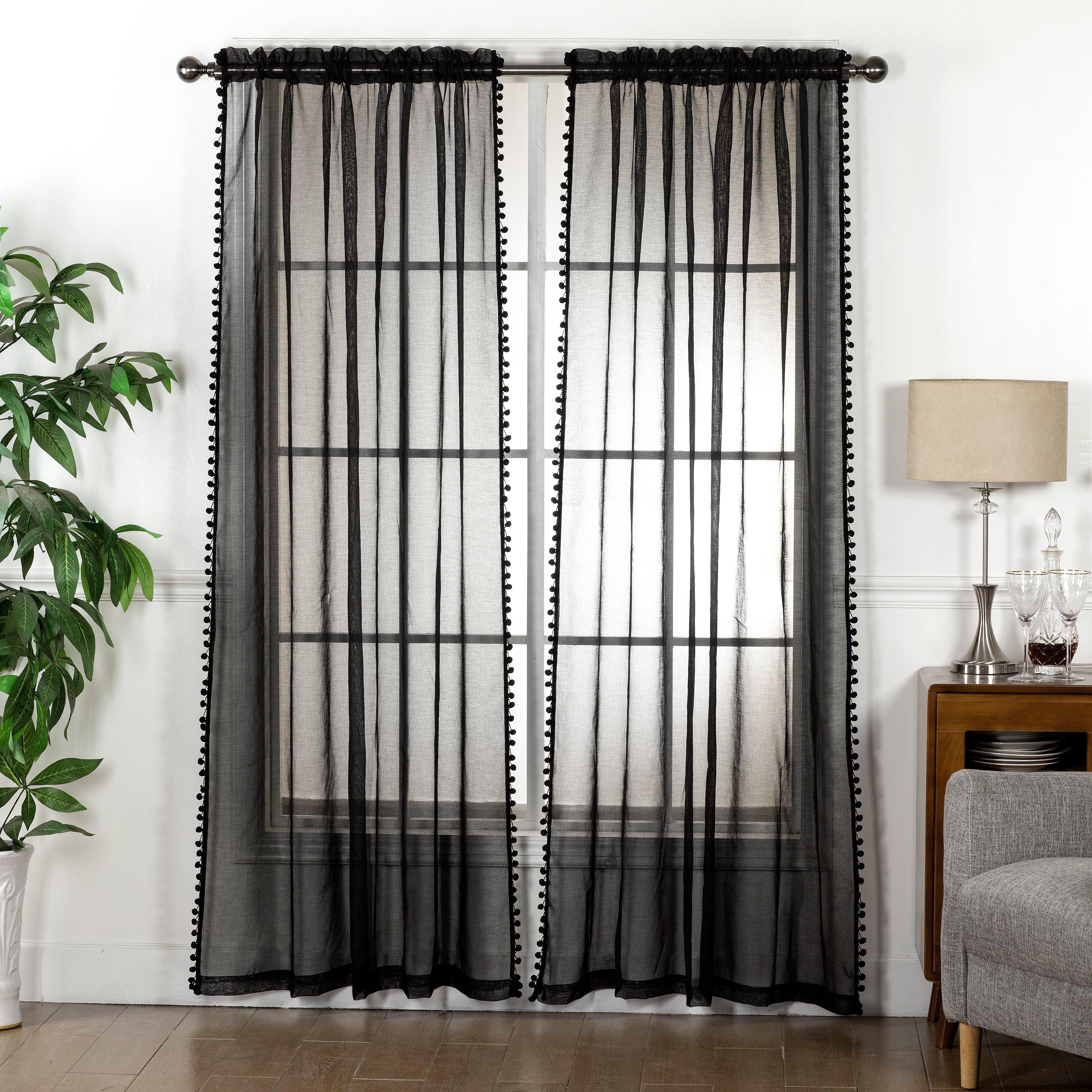 Everlaneas Set of 2 Pom Pom Tasseled Sheer Curtain - Rod Pocket