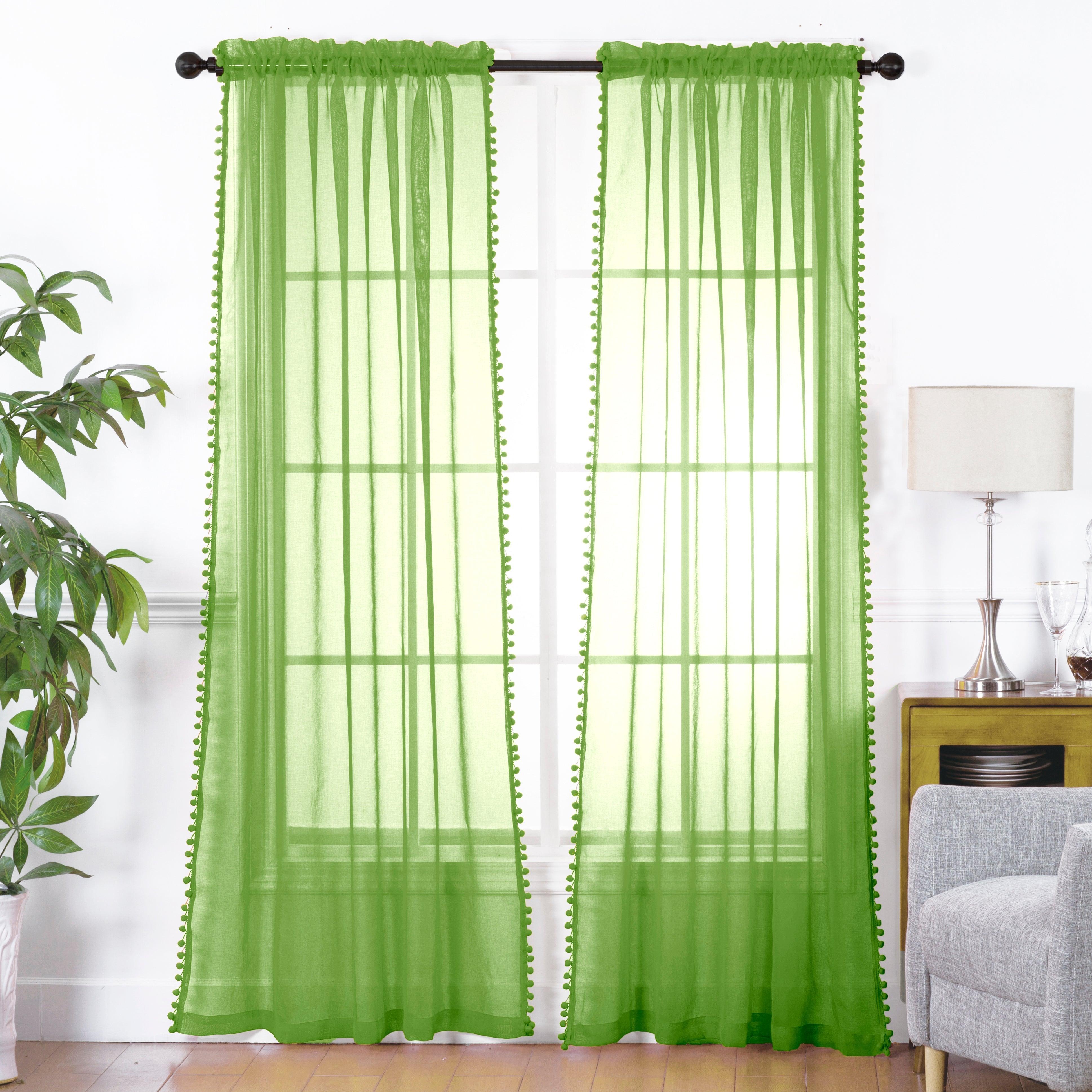 Everlaneas Set of 2 Pom Pom Tasseled Sheer Curtain - Rod Pocket